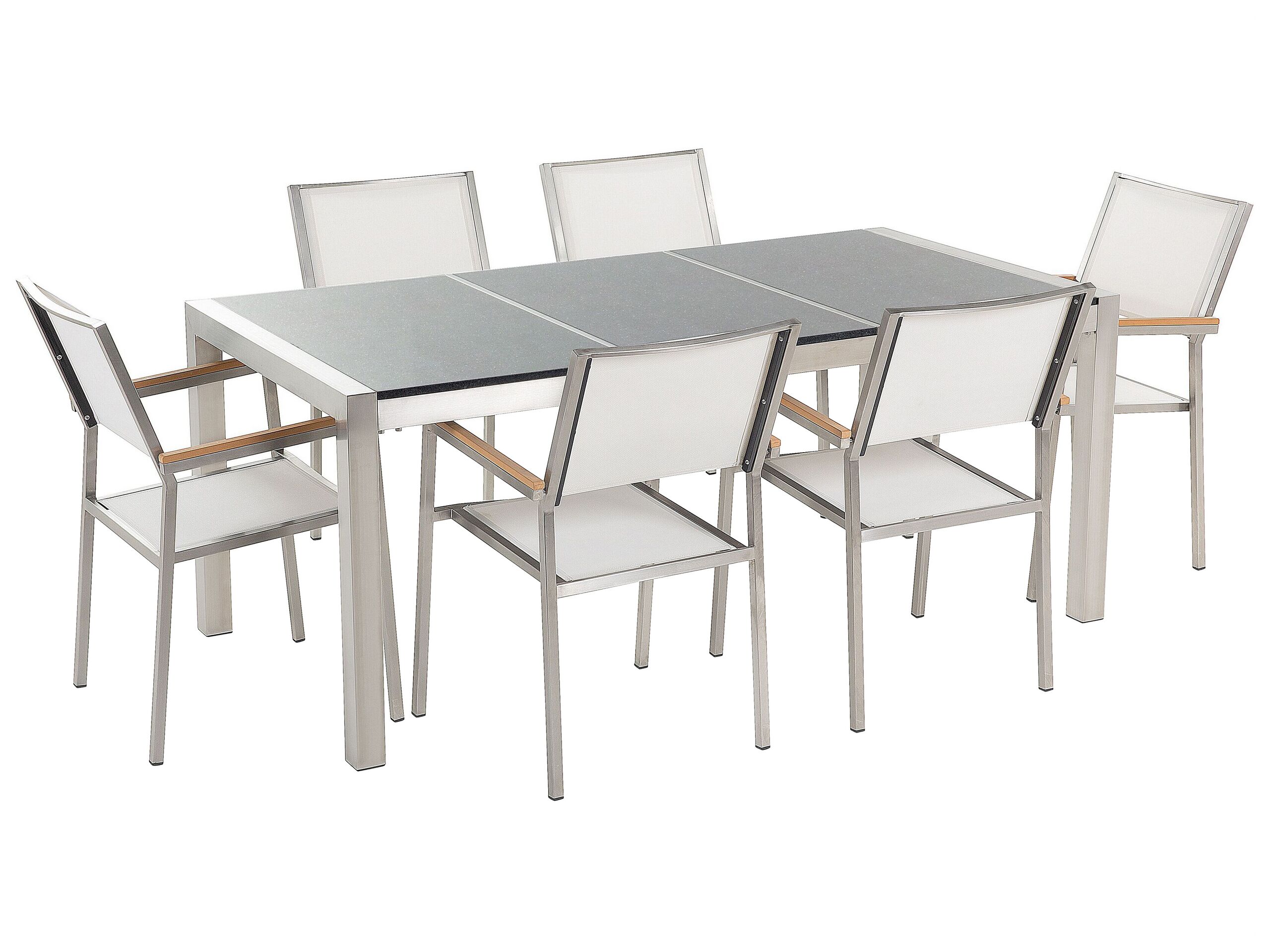 6 Seater Garden Dining Set Grey Granite Triple Plate Top with White Chairs GROSSETO