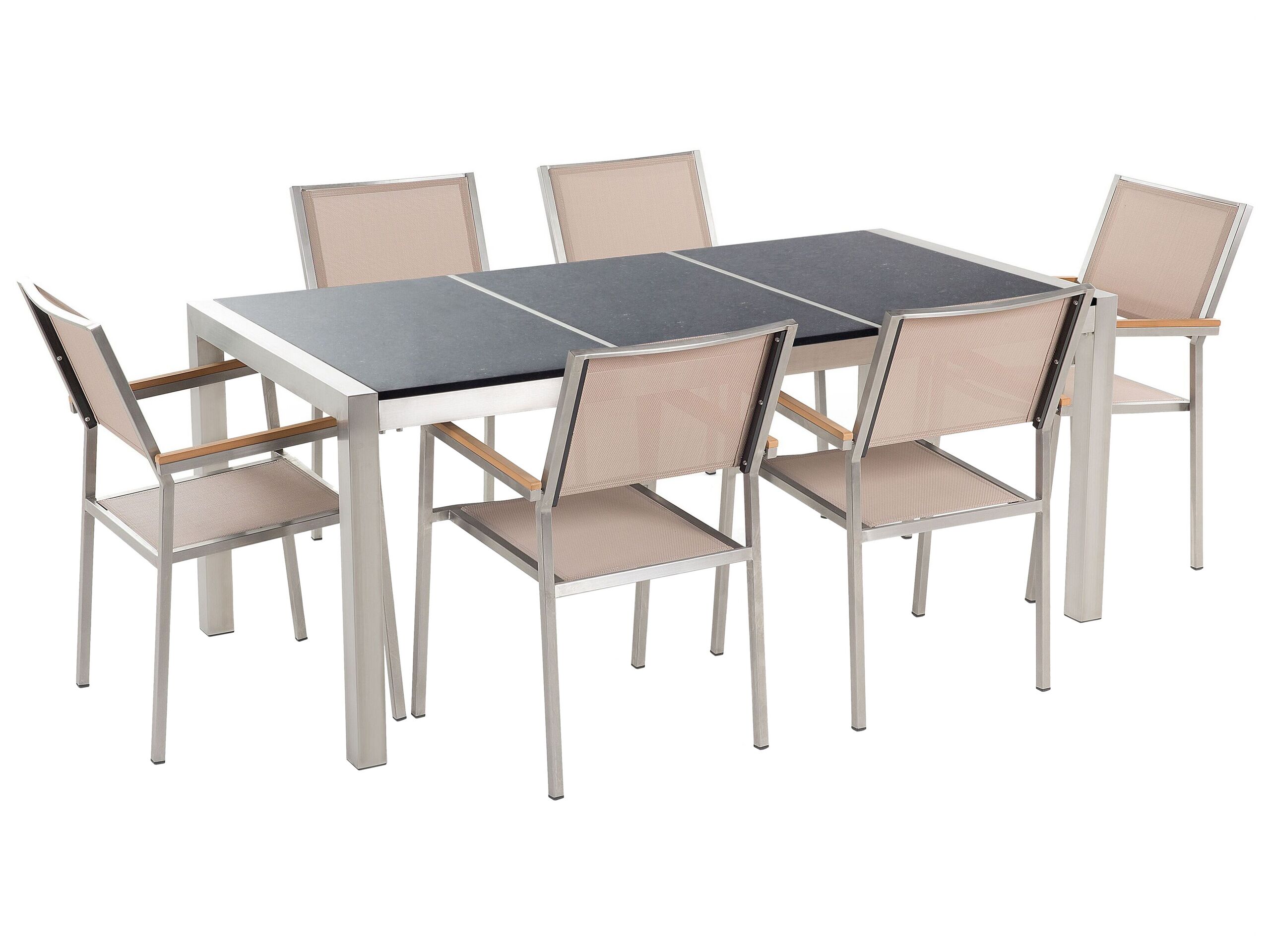6 Seater Garden Dining Set Black Granite Triple Plate Top with Beige Chairs GROSSETO