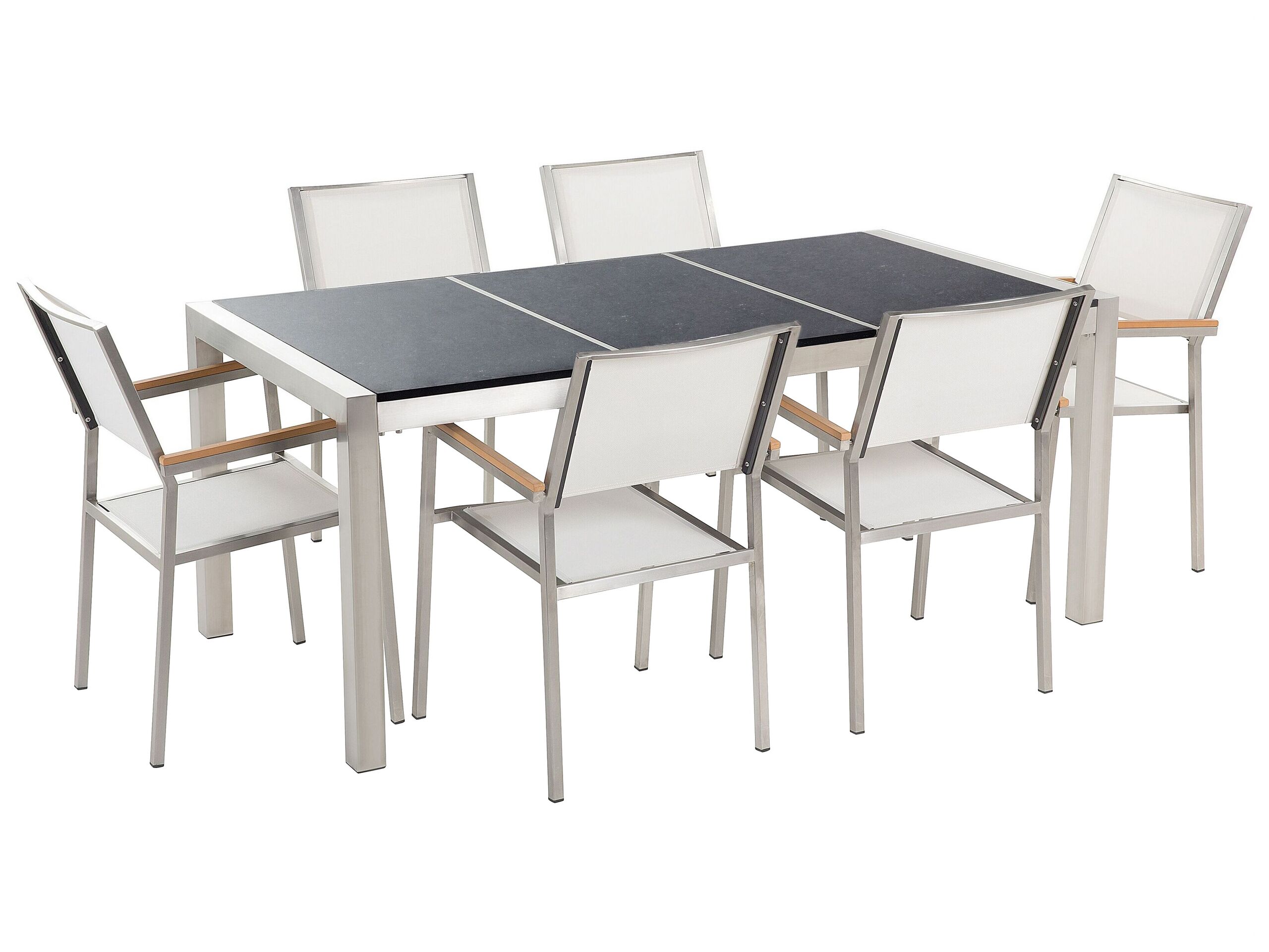 6 Seater Garden Dining Set Black Granite Triple Plate Top with White Chairs GROSSETO