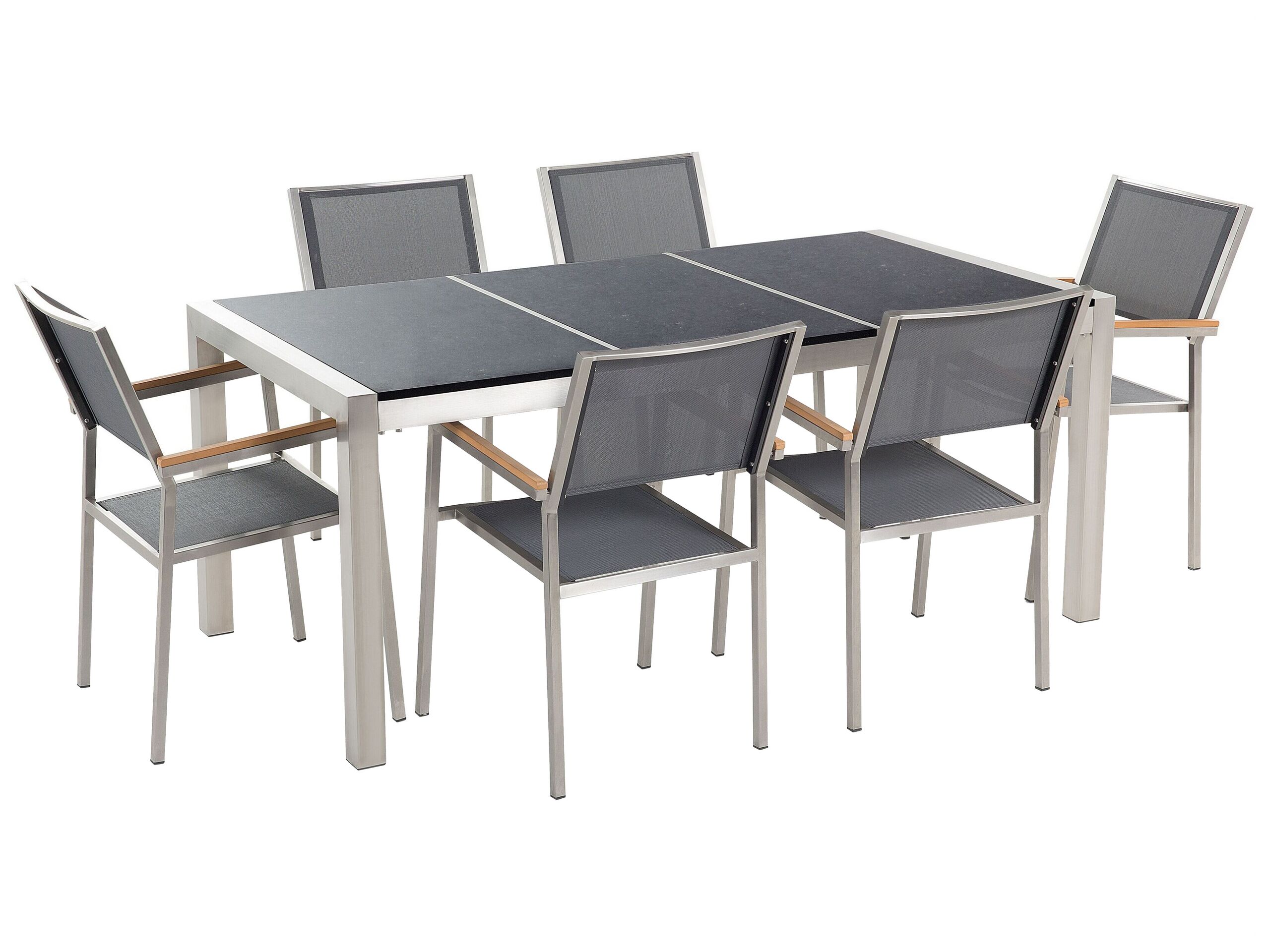 6 Seater Garden Dining Set Black Granite Triple Plate Top with Grey Chairs GROSSETO