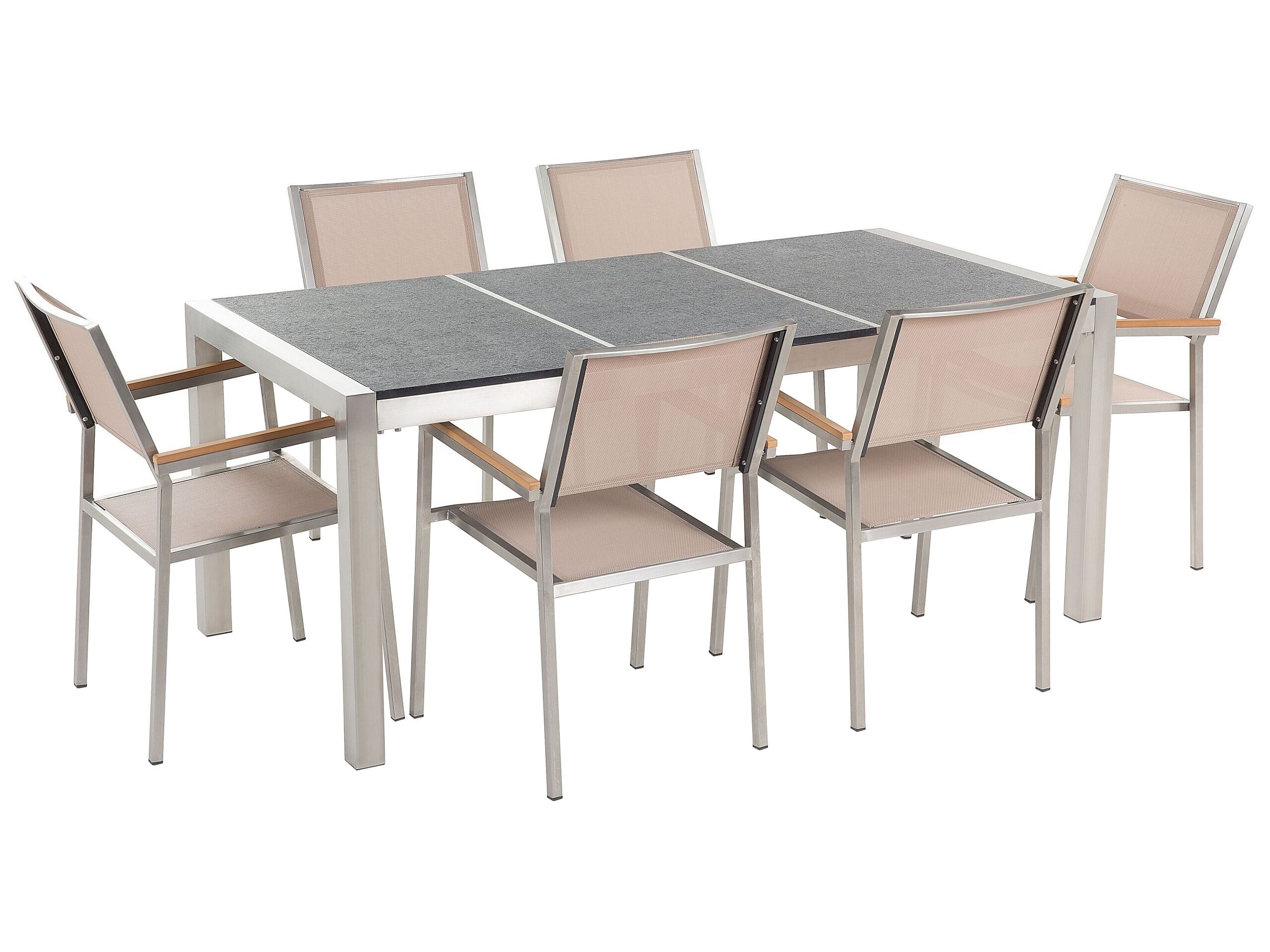 6 Seater Garden Dining Set Black Basalt Top Beige Chairs GROSSETO