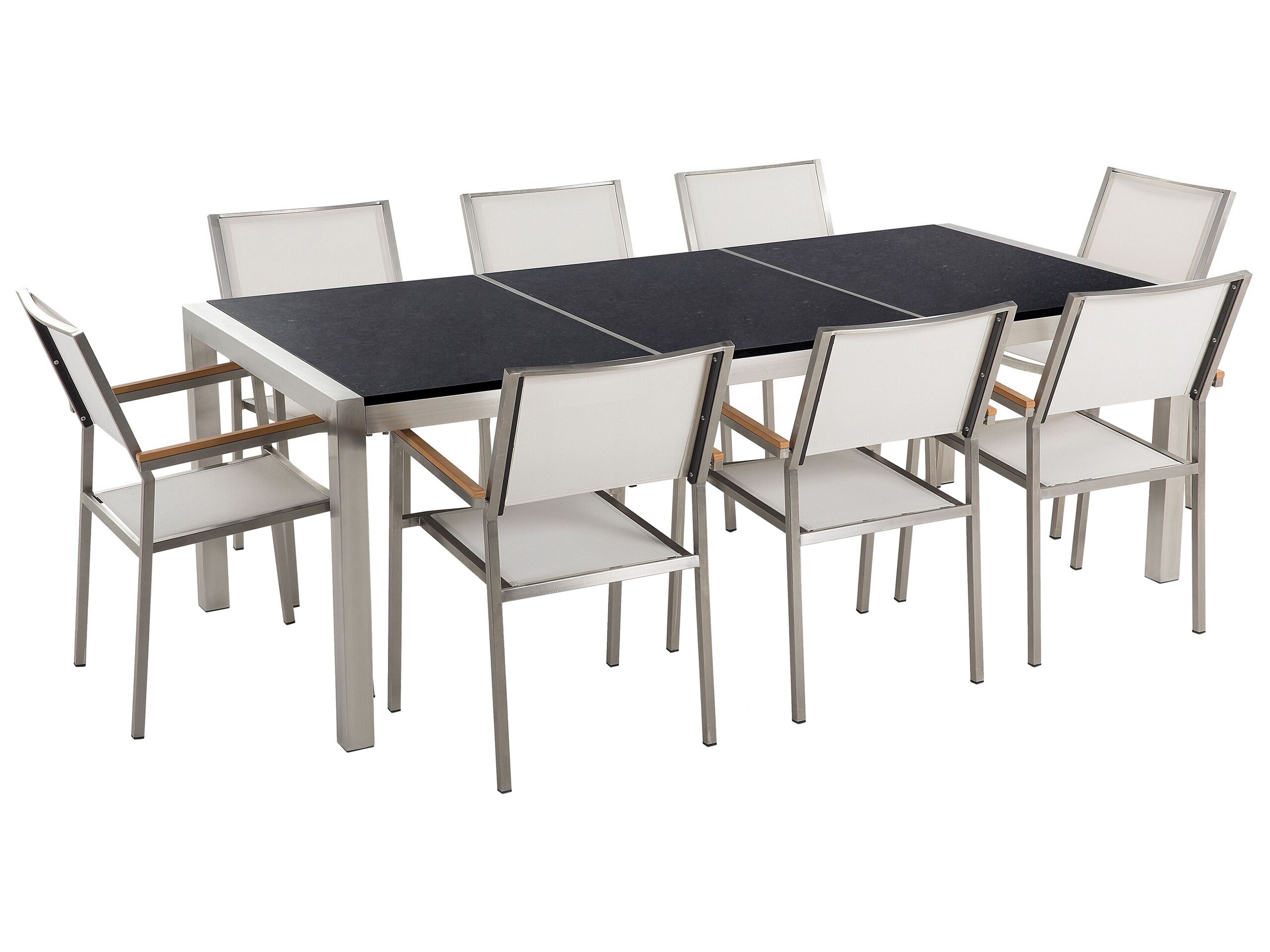 8 Seater Garden Dining Set Black Granite Triple Plate Top and White Chairs GROSSETO