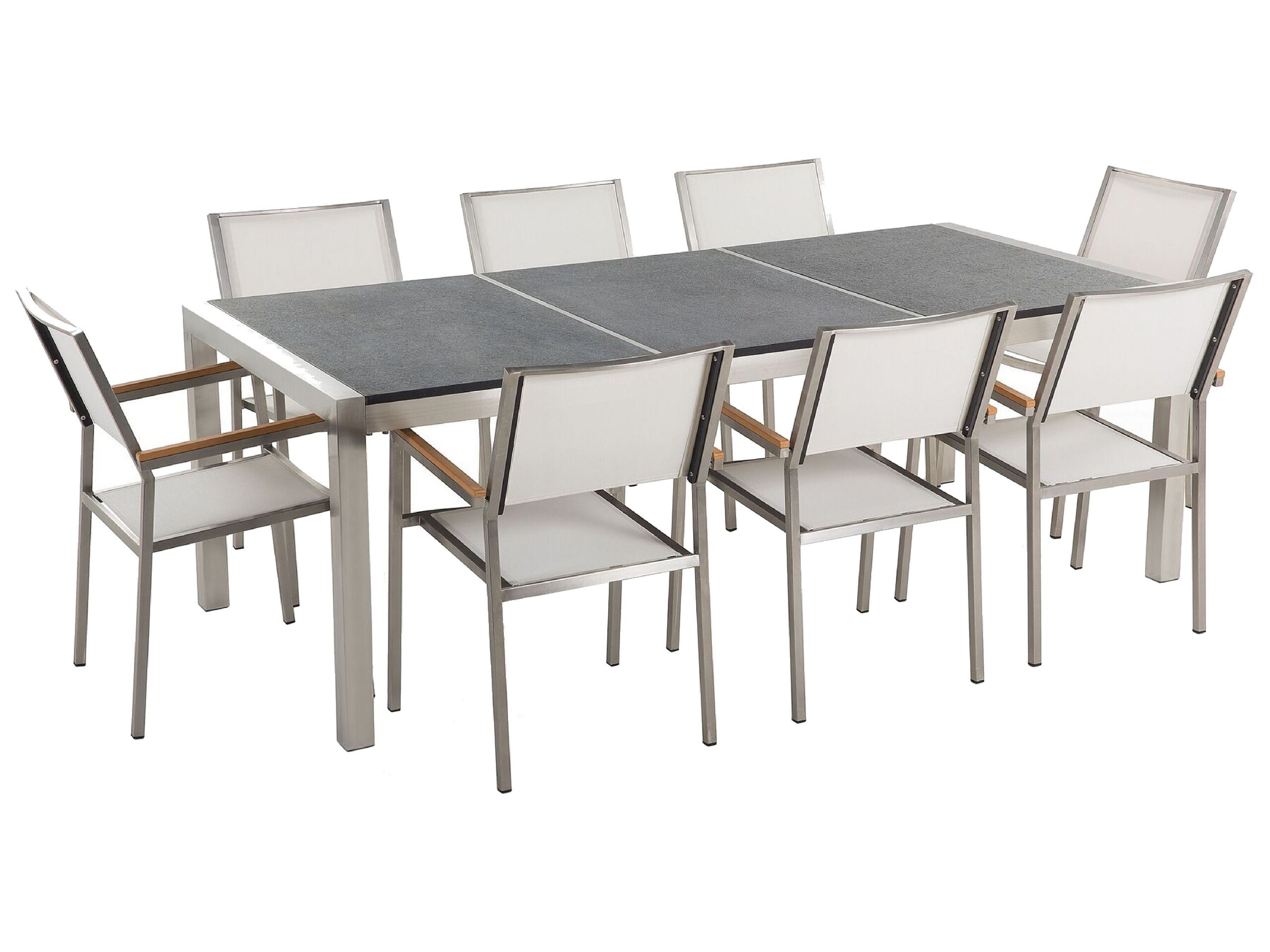 8 Seater Garden Dining Set Black Granite Triple Plate Top with White Chairs GROSSETO
