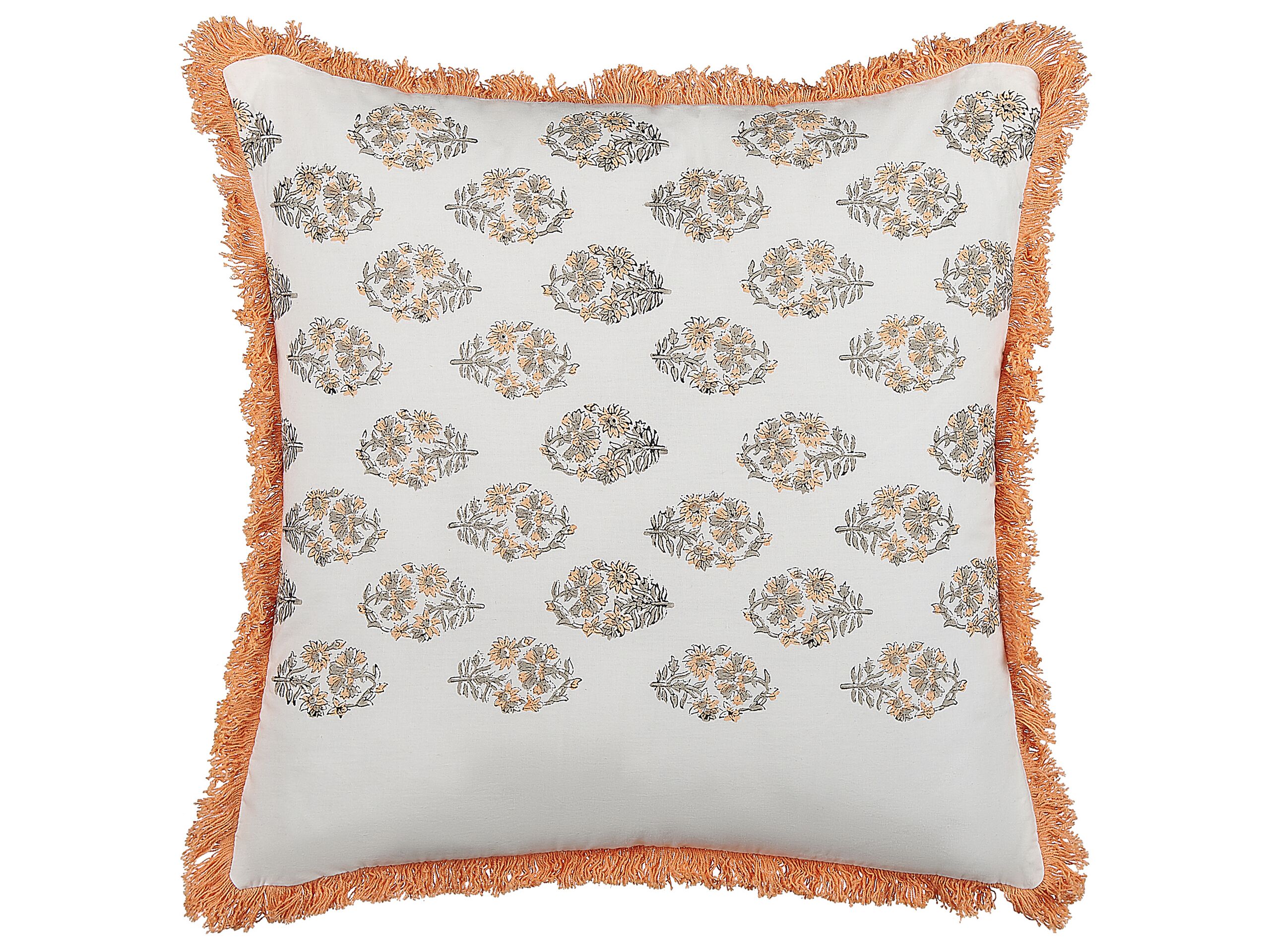Fringed Cotton Cushion Floral Pattern 45x45cm White and Orange