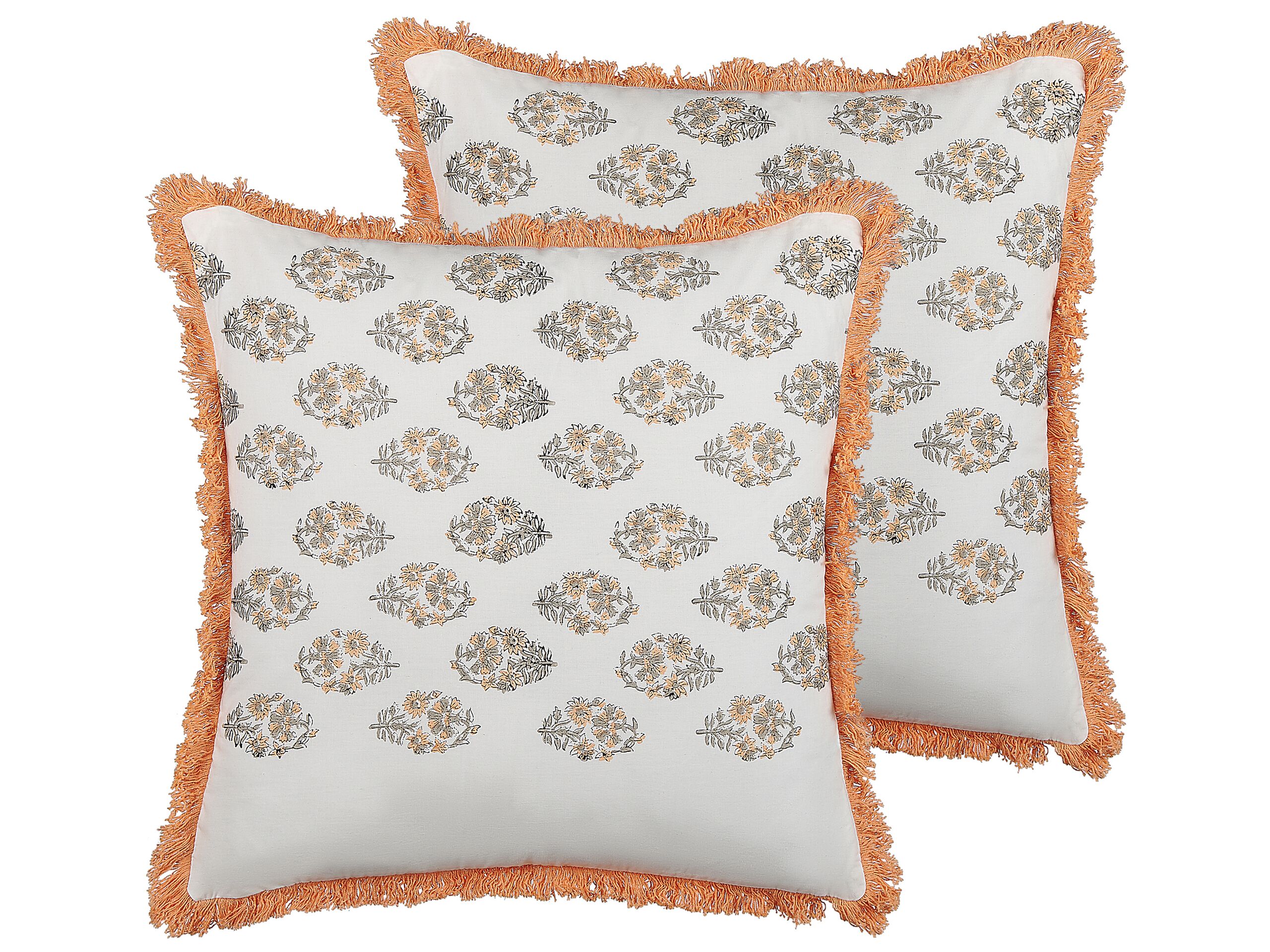 Set of 2 Fringed Cotton Cushions Floral Pattern 45x45cm White and Orange