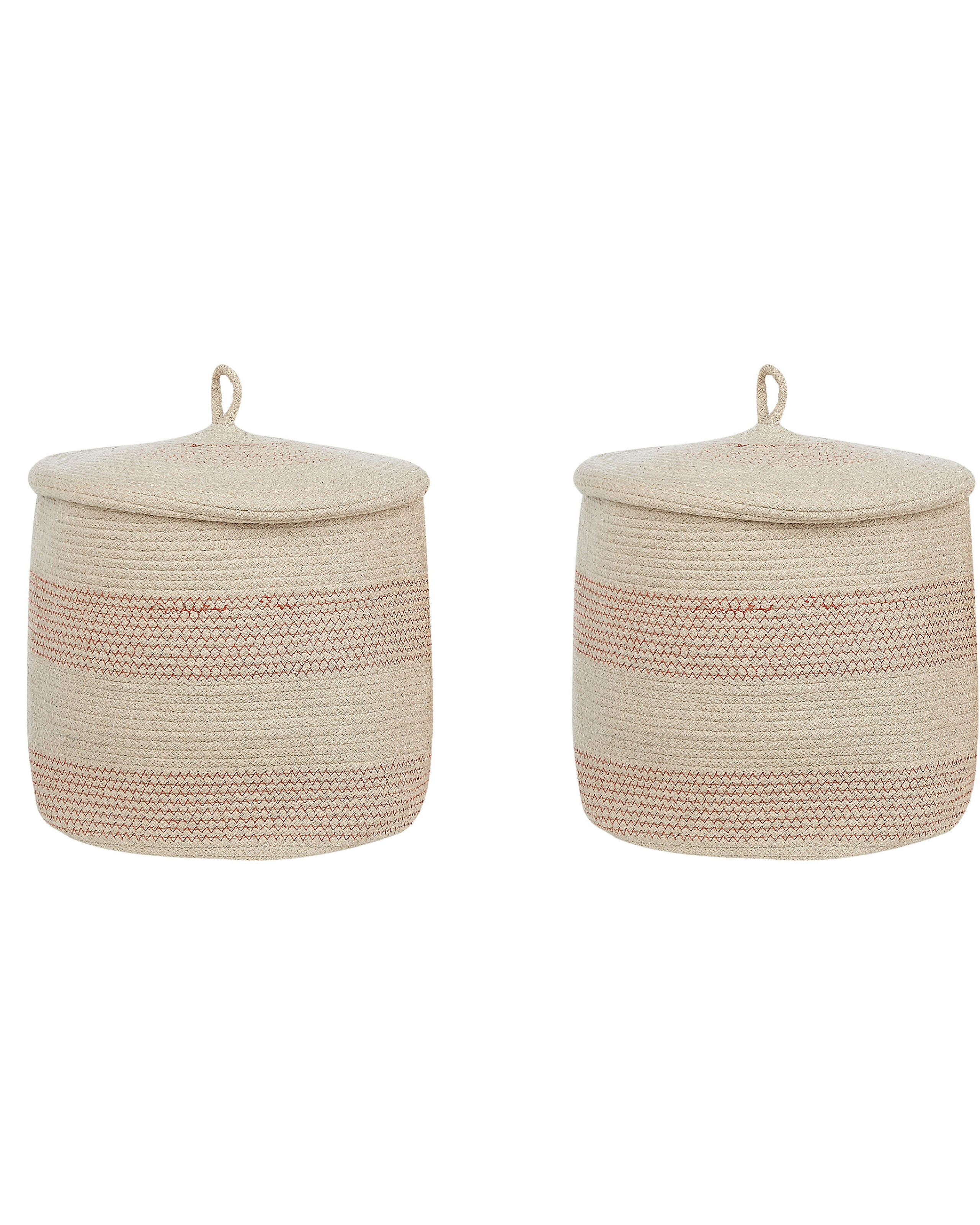 Set of 2 Cotton Baskets with Lids Light Beige