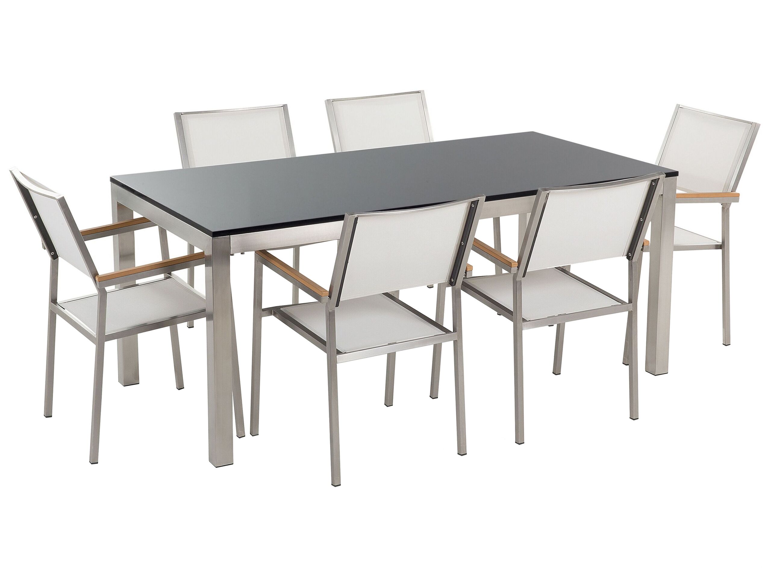 6 Seater Garden Dining Set Flamed Granite Top with White Chairs GROSSETO