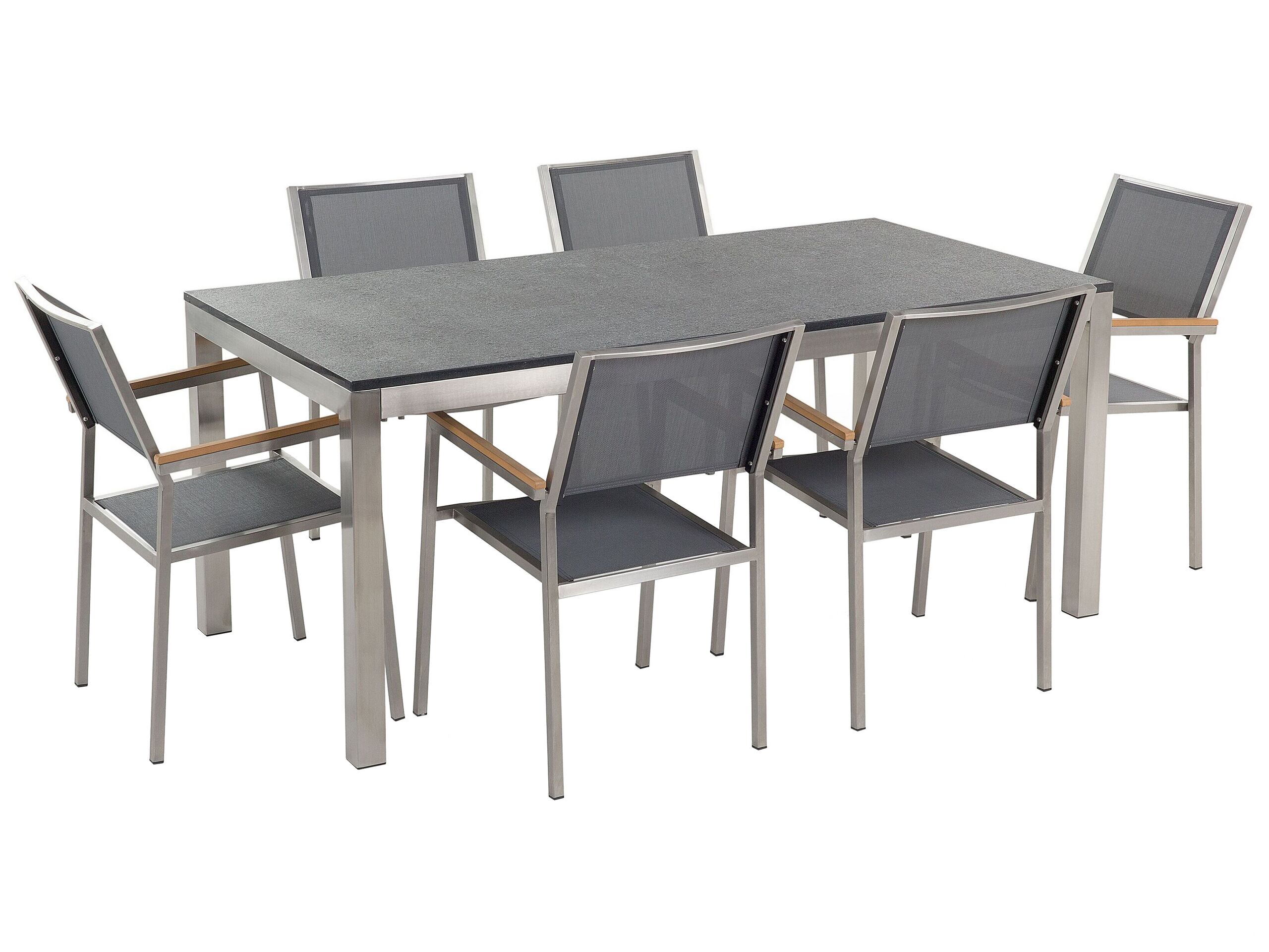 6 Seater Garden Dining Set Flamed Granite Top with Grey Chairs GROSSETO