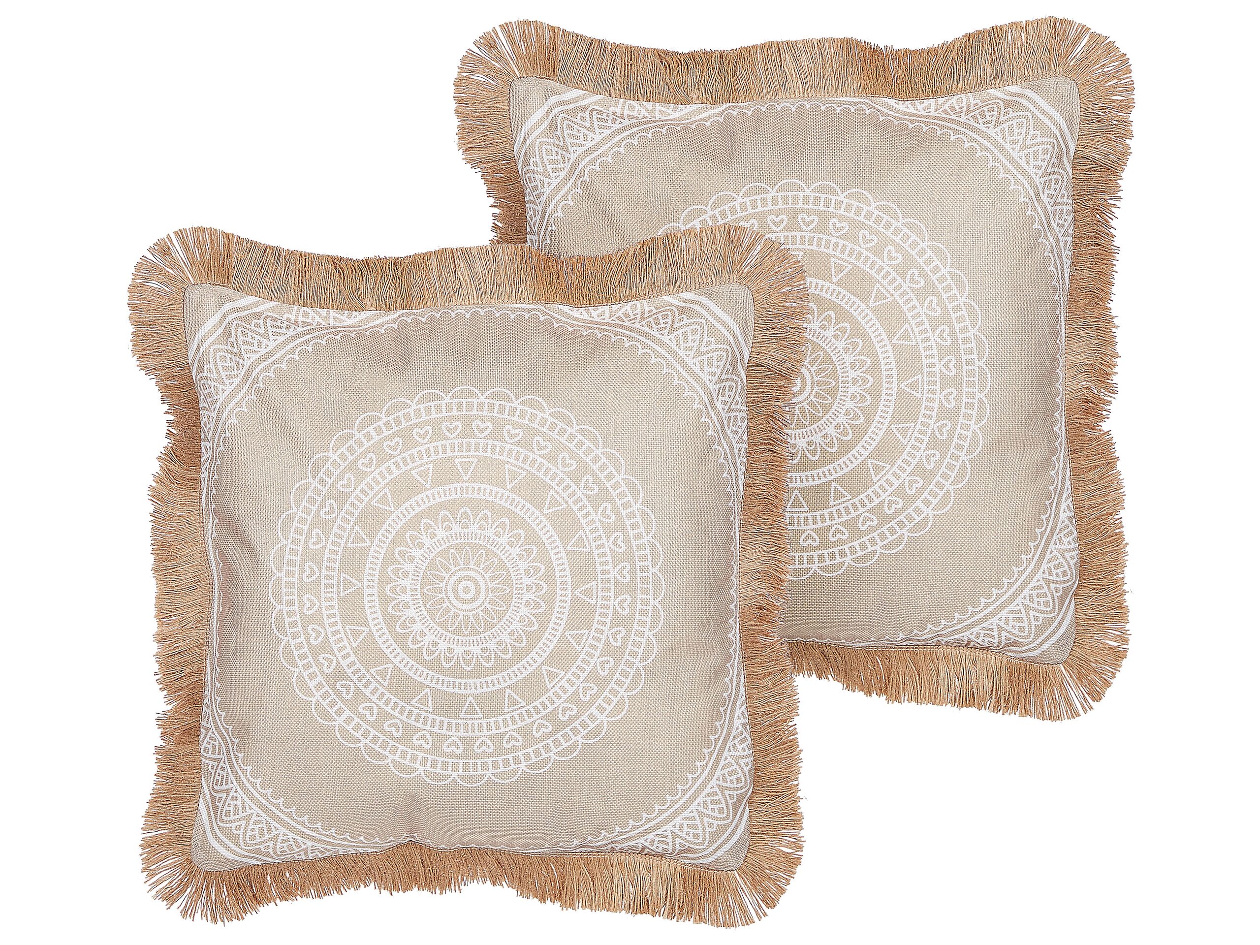 Set of 2 Cushions Boho Motif 45x45cm Beige and White