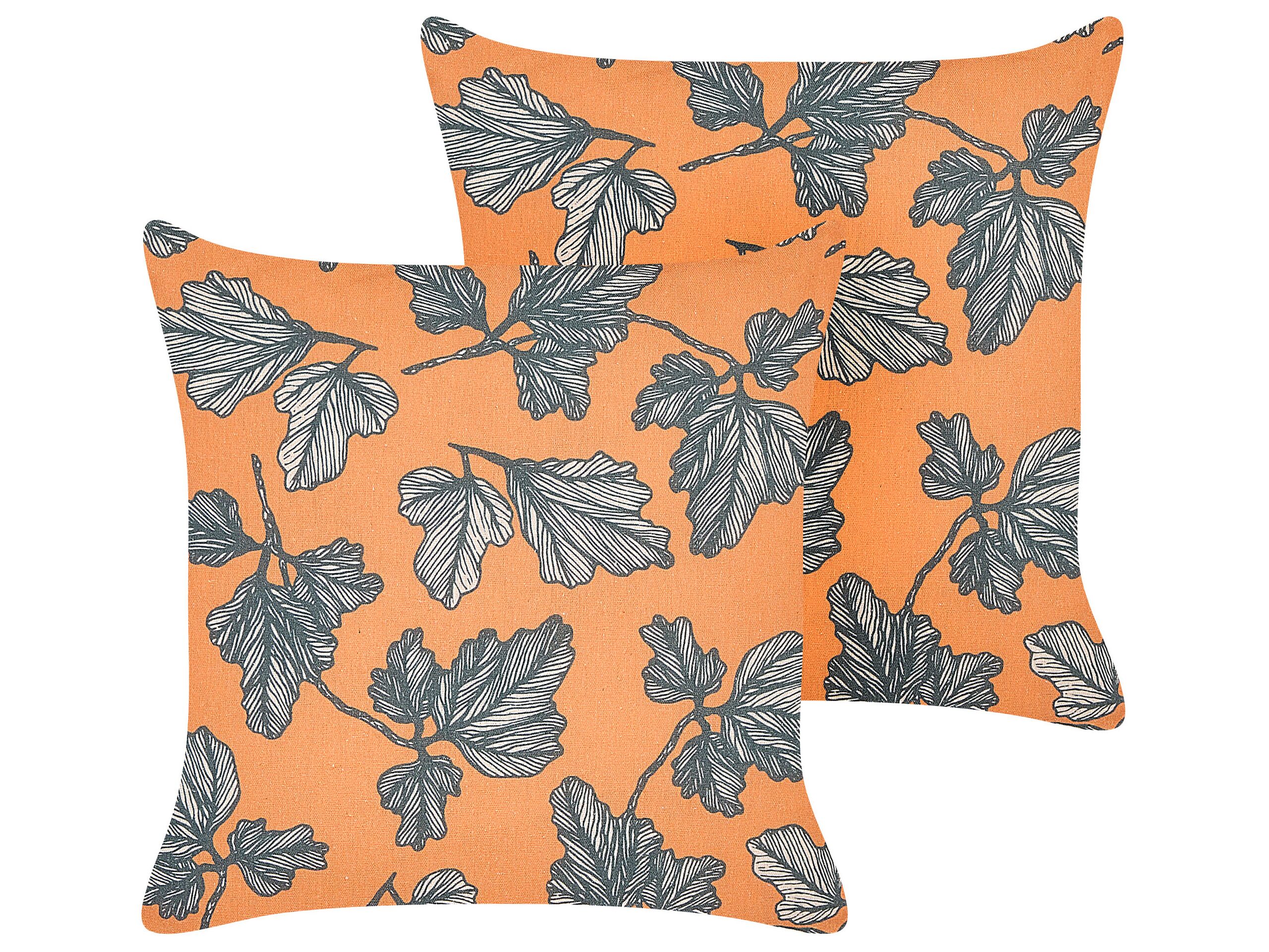 Set of 2 Cushions Leaf Motif 45x45cm Orange and Black