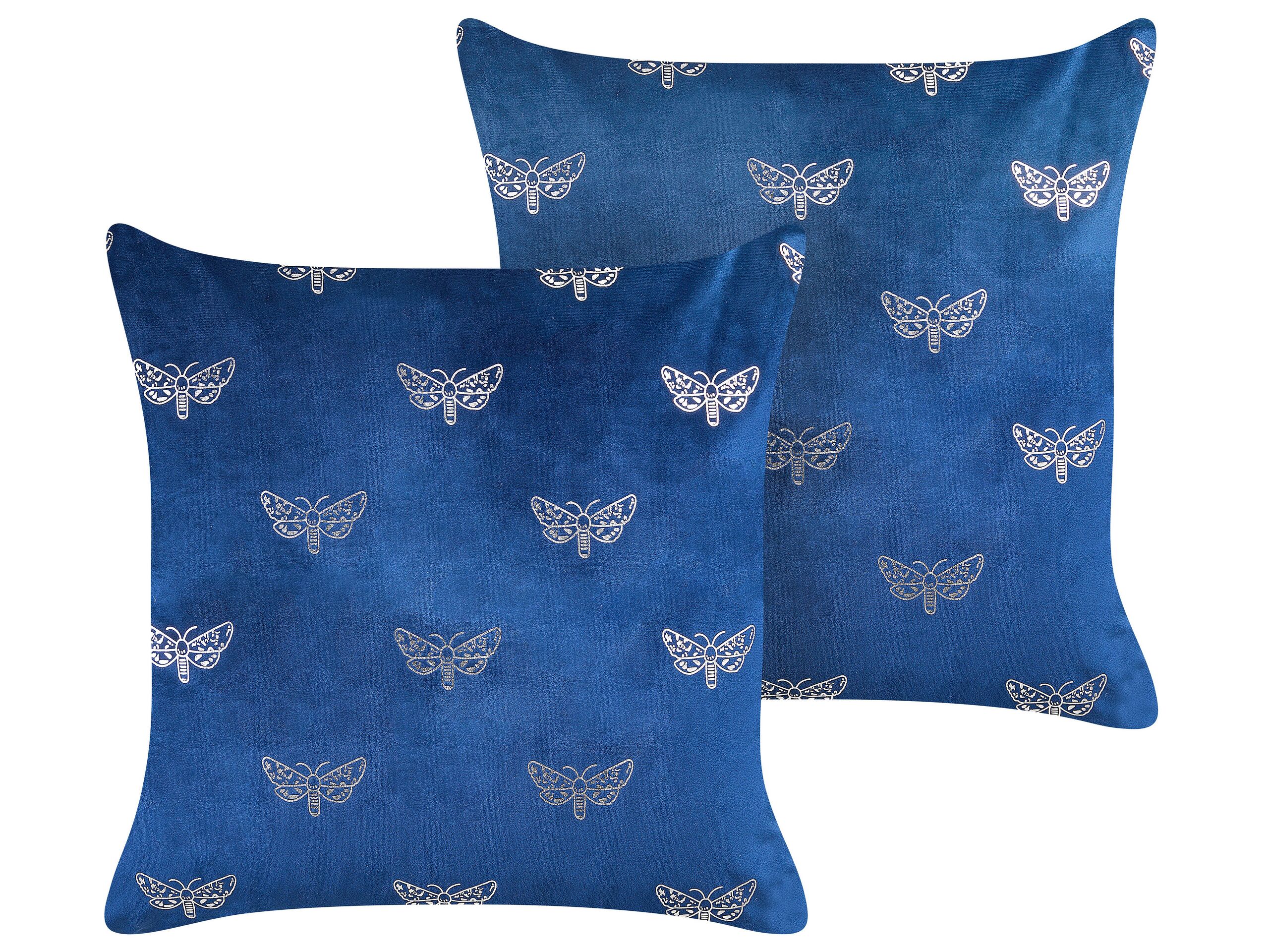 Set of 2 Velvet Cushions Butterfly Pattern 45x45cm Blue