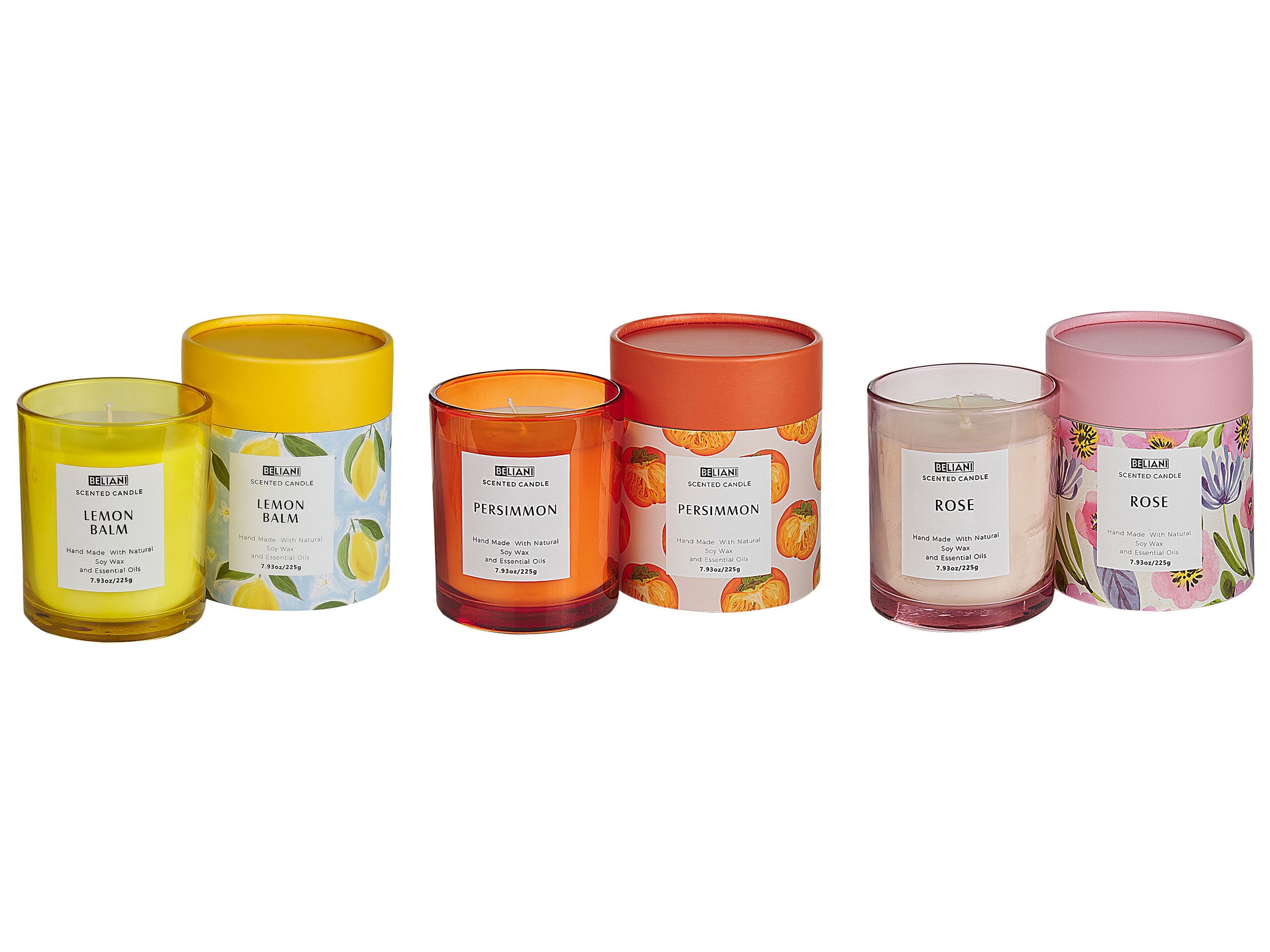 3 Soy Wax Scented Candles Rose / Persimmon / Lemon Balm