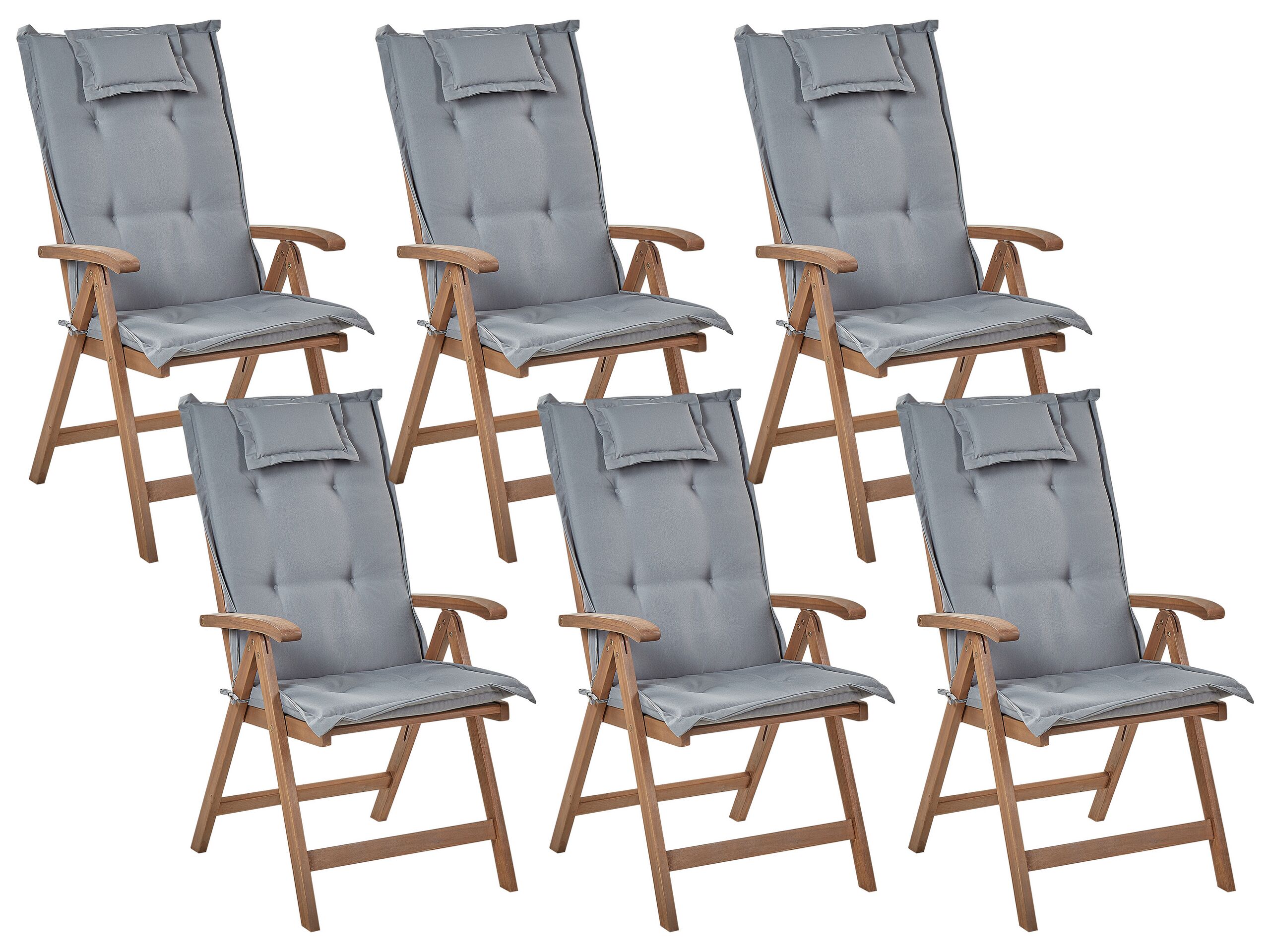 Set of 6 Acacia Wood Garden Folding Chairs Dark Wood with Grey Cushions AMANTEA