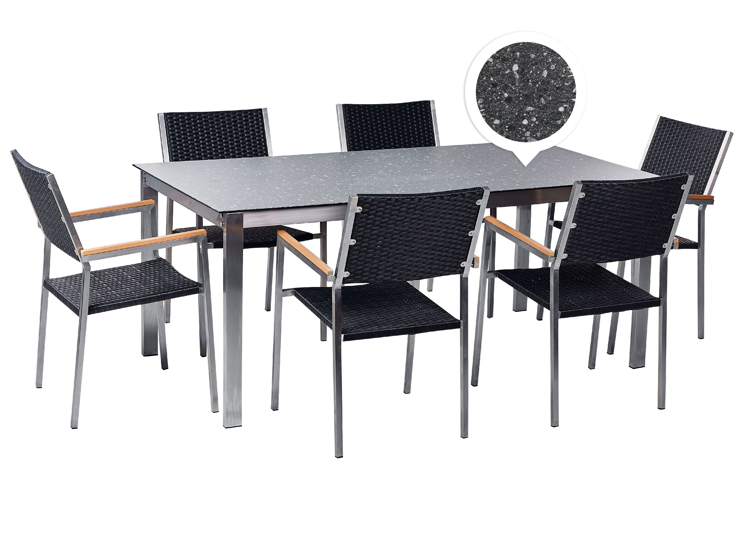 6 Seater Garden Dining Set Black Granite Effect Glass Top with PE Rattan Black Chairs COSOLETO/GROSSETO