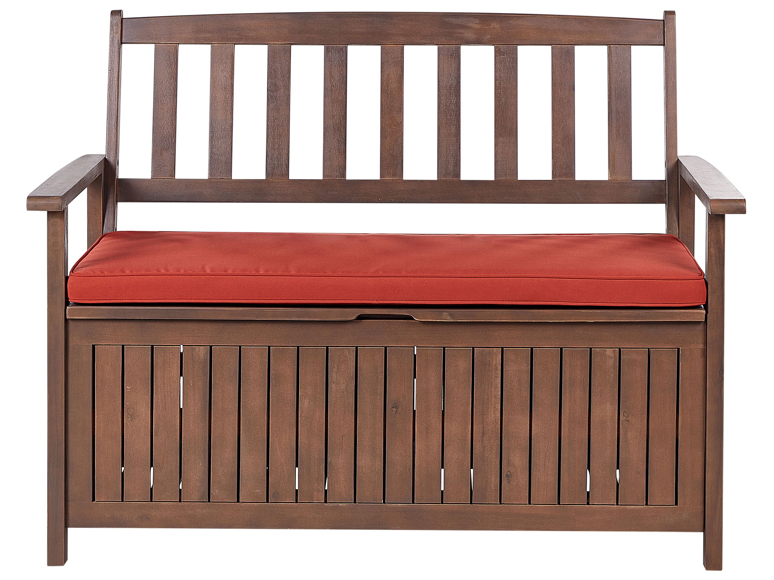 Acacia Wood Garden Bench with Storage 120 cm Dark with Red Cushion SOVANA