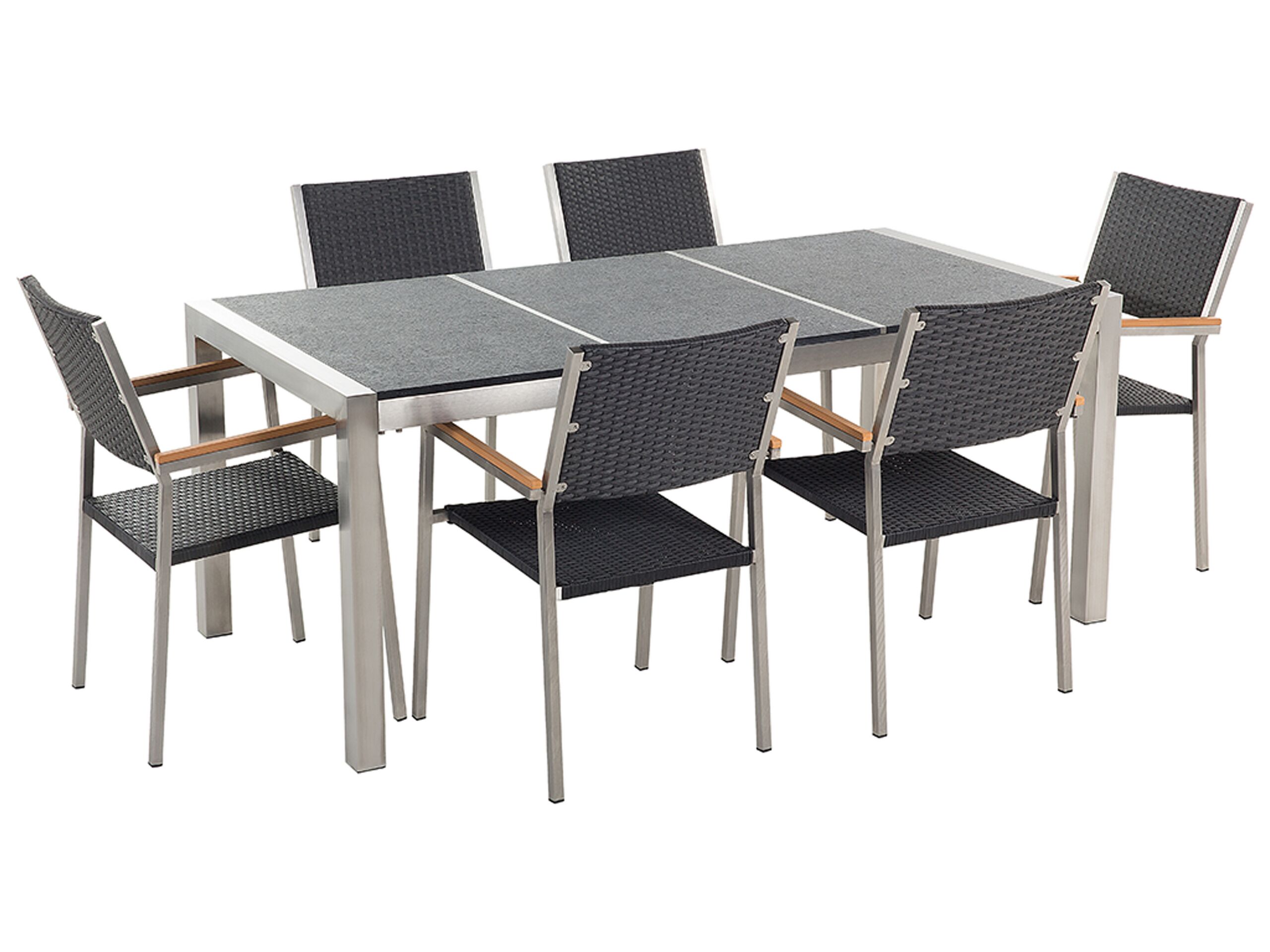 6 Seater Dining Set Black Basalt Top Rattan Chairs GROSSETO