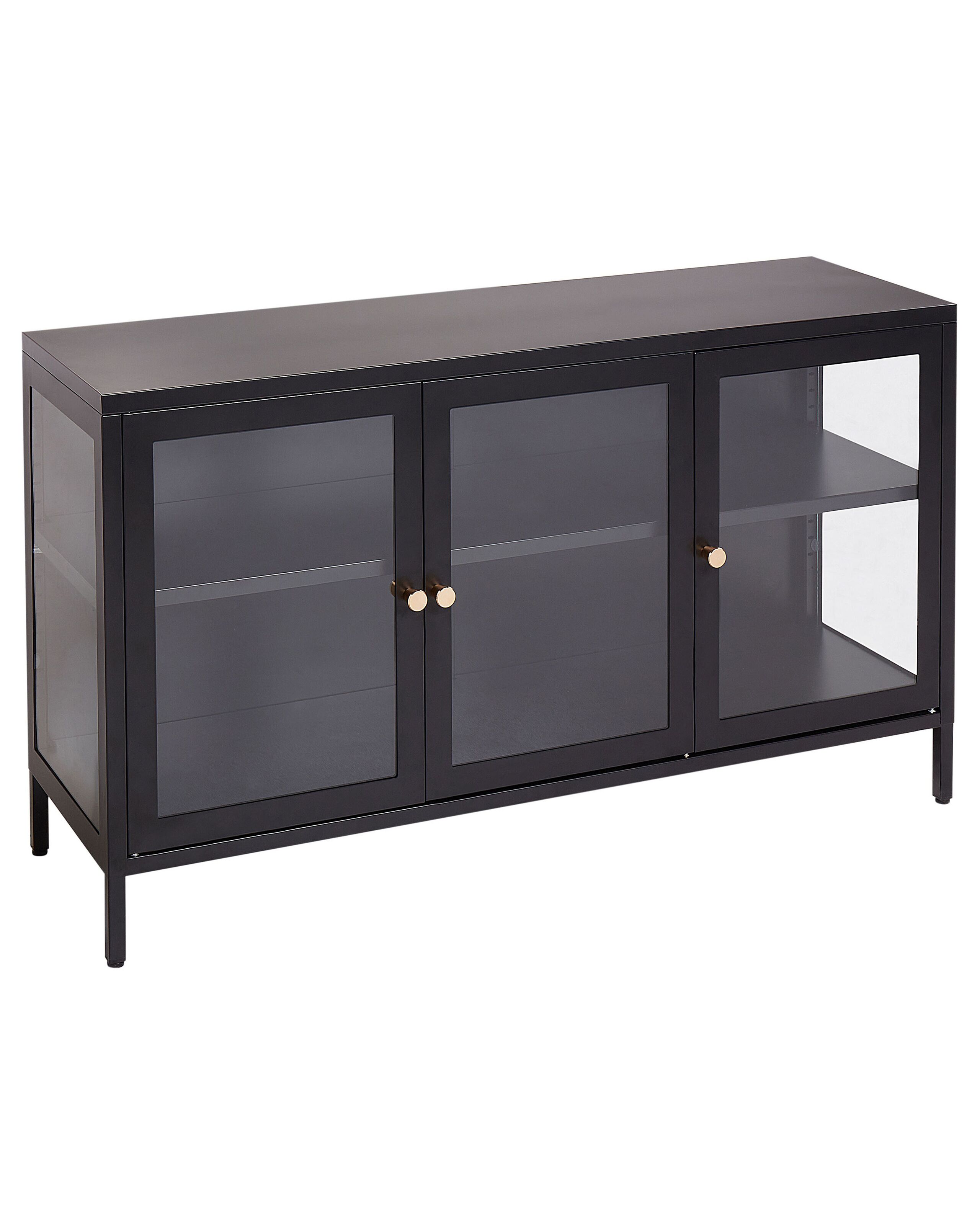 3 Door Metal Sideboard with Glass Display Black NEWPORT