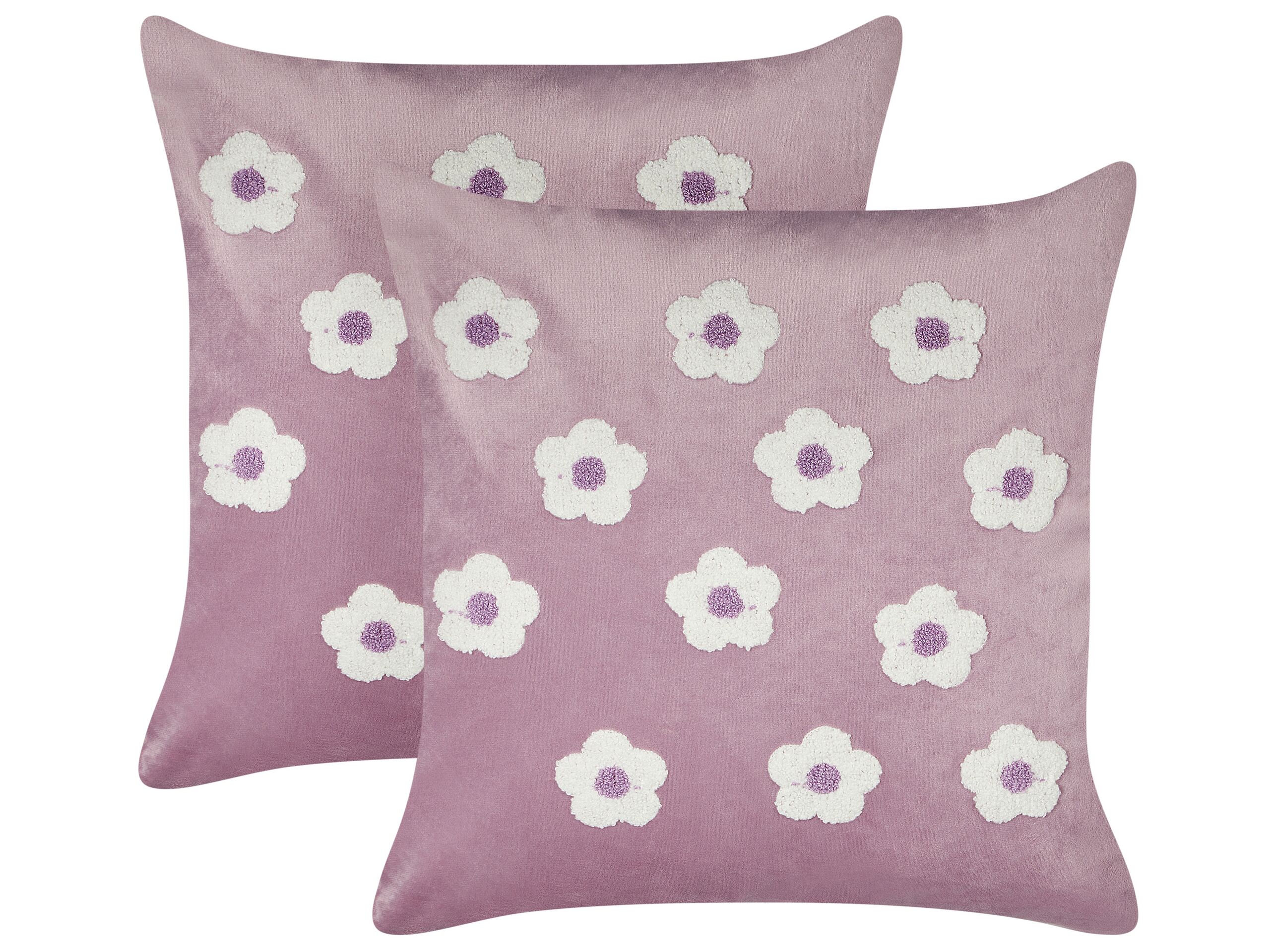Set of 2 Velvet Embroidered Cushions Flowers Pattern 45x45cm Violet