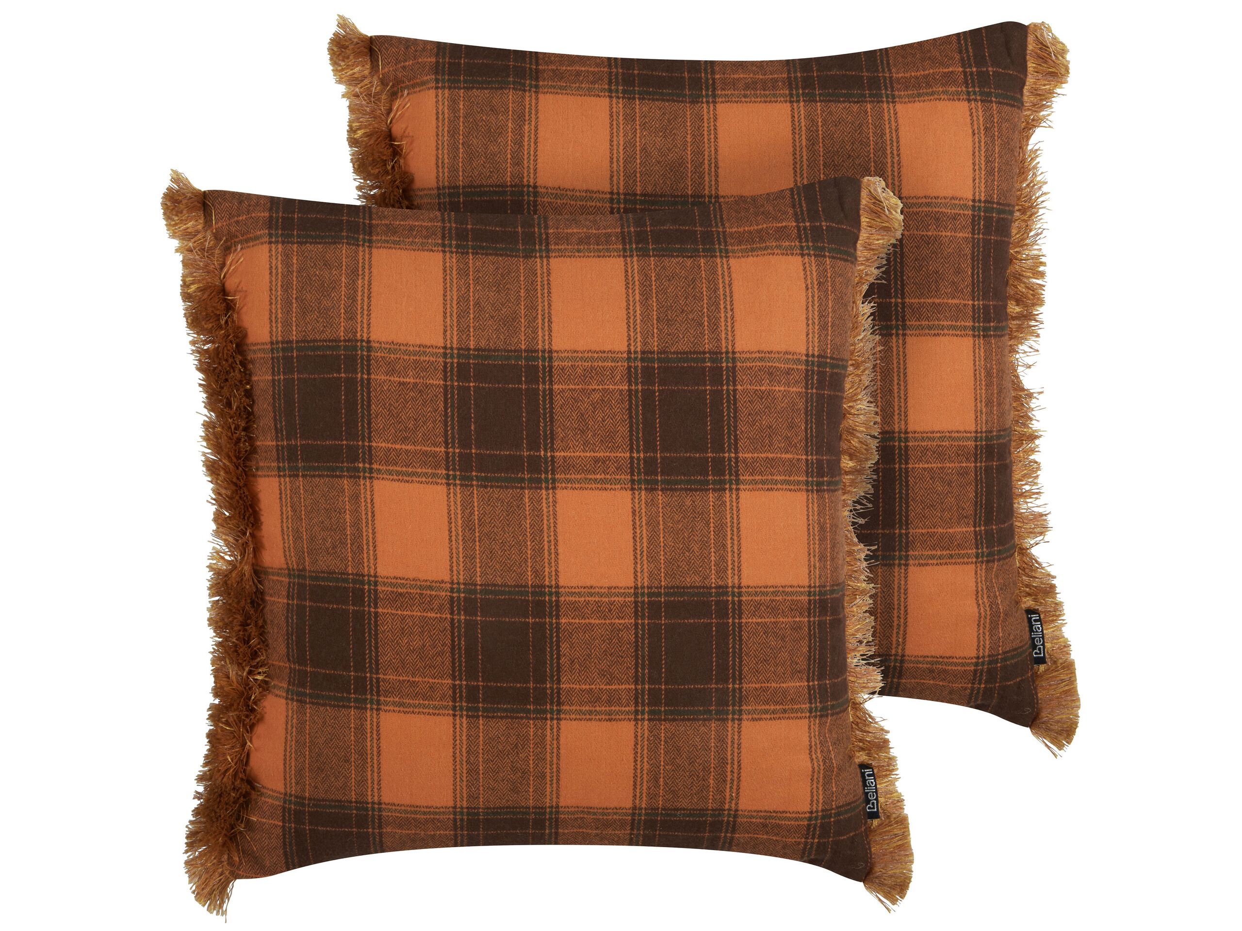 Set of 2 Fringed Cushions Chequered Pattern 45x45cm Orange