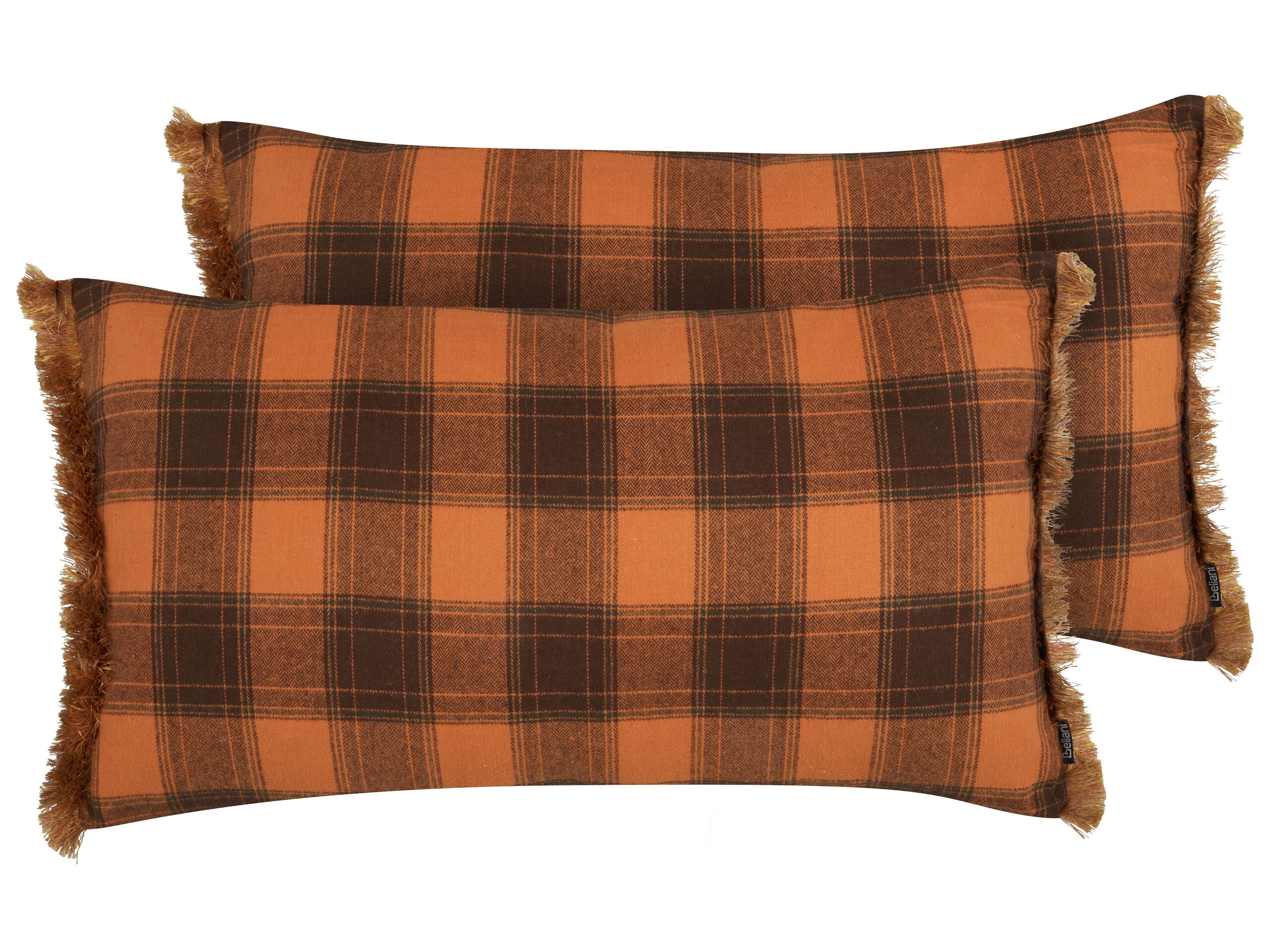 Set of 2 Fringed Cushions Chequered Pattern 40x70cm Orange