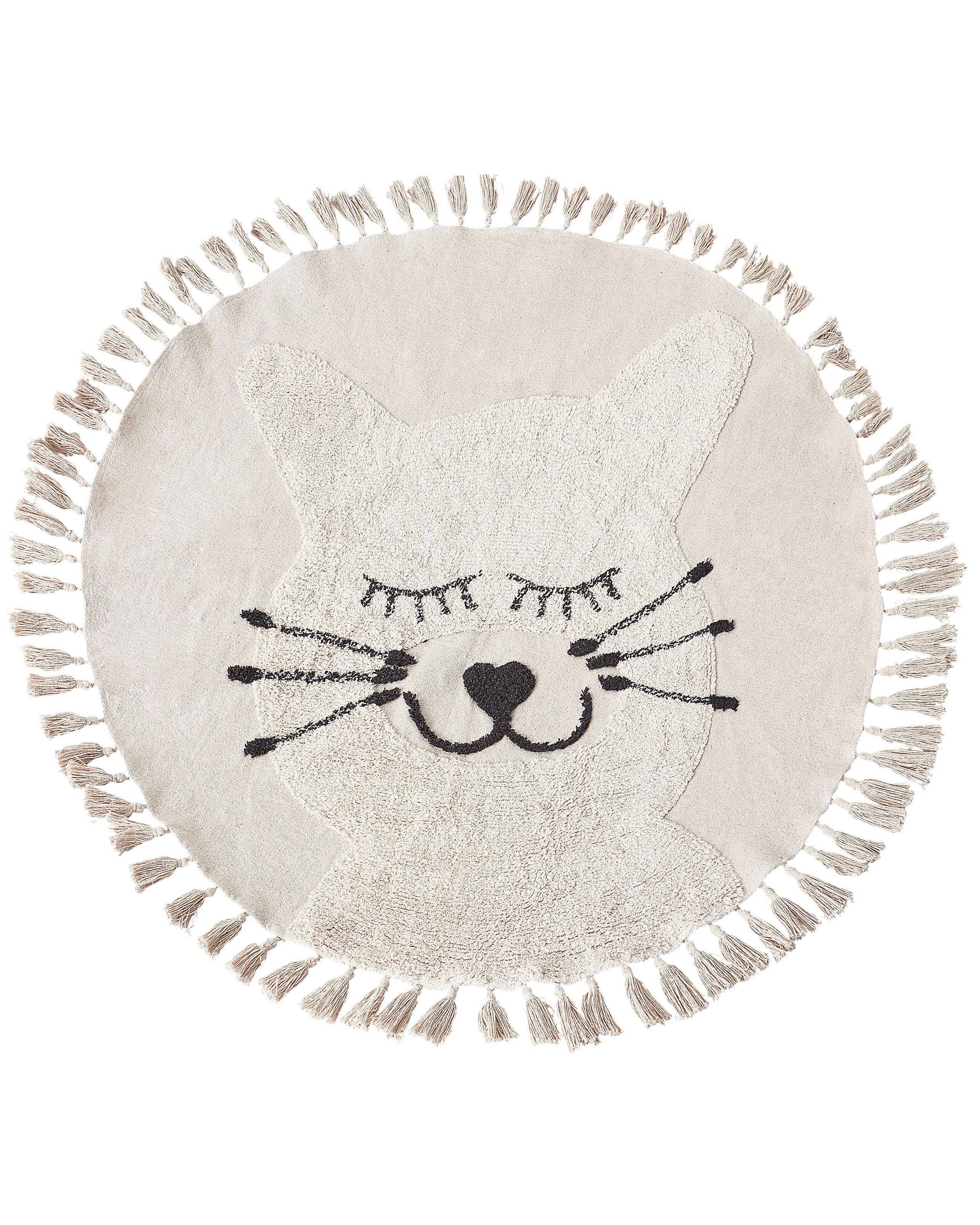 Round Cotton Area Rug Cat Motif 120cm Beige