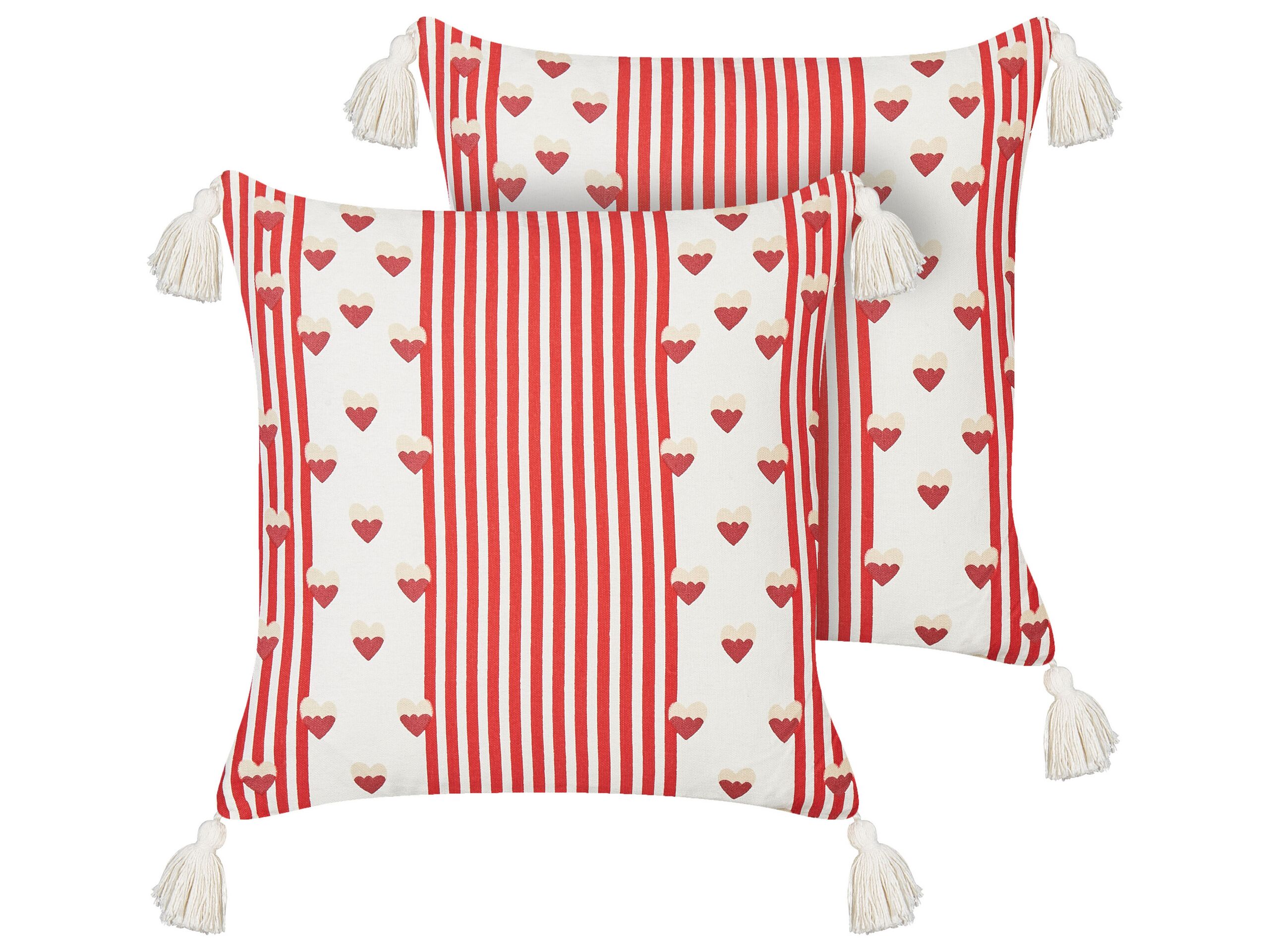 Set of 2 Cotton Cushions Hearts Motif 45x45cm White and Red