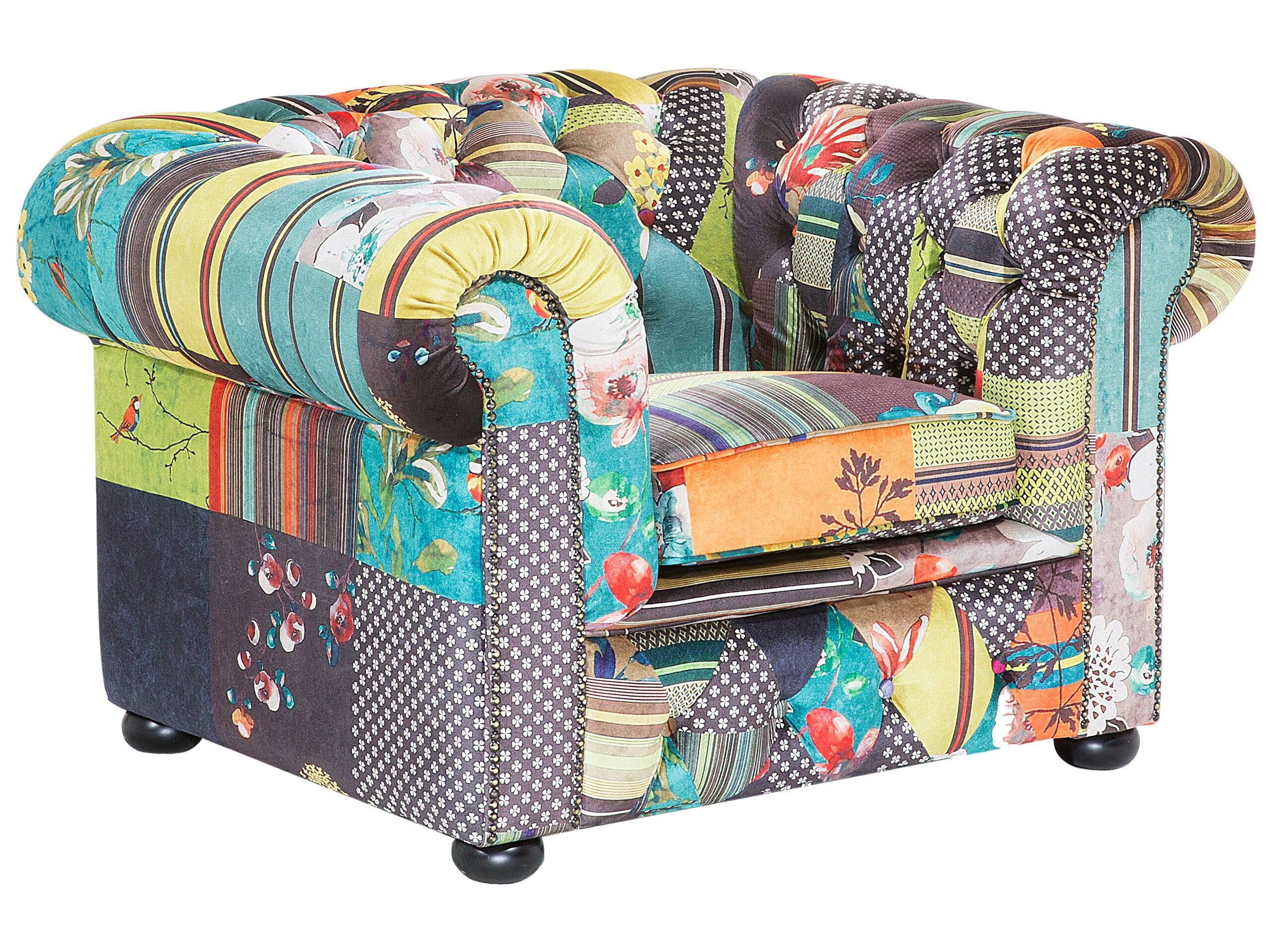 Fabric Armchair Patchwork Green and Yellow CHESTERFIELD