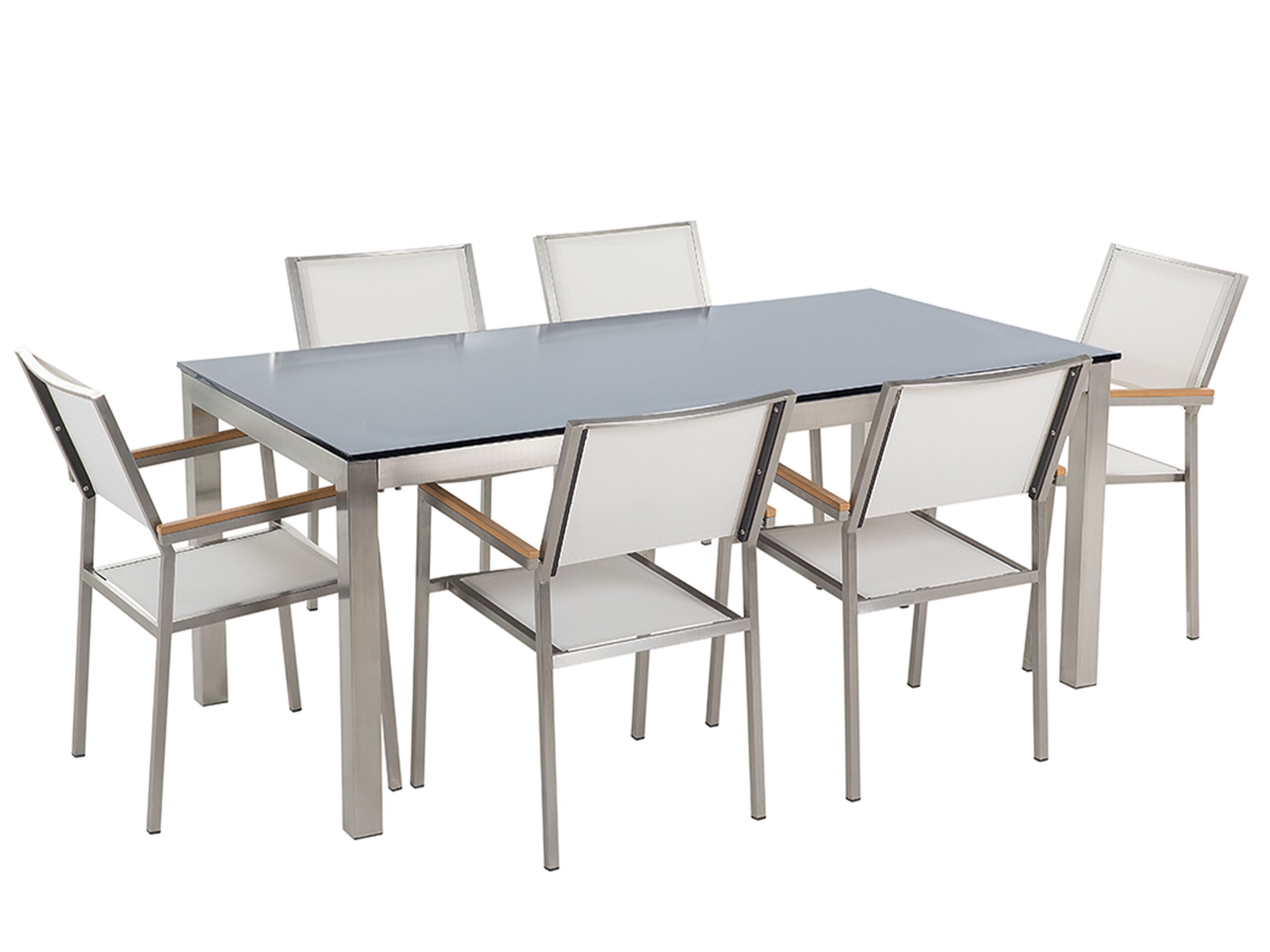 6 Seater Garden Dining Set Black Glass Top with White Chairs GROSSETO
