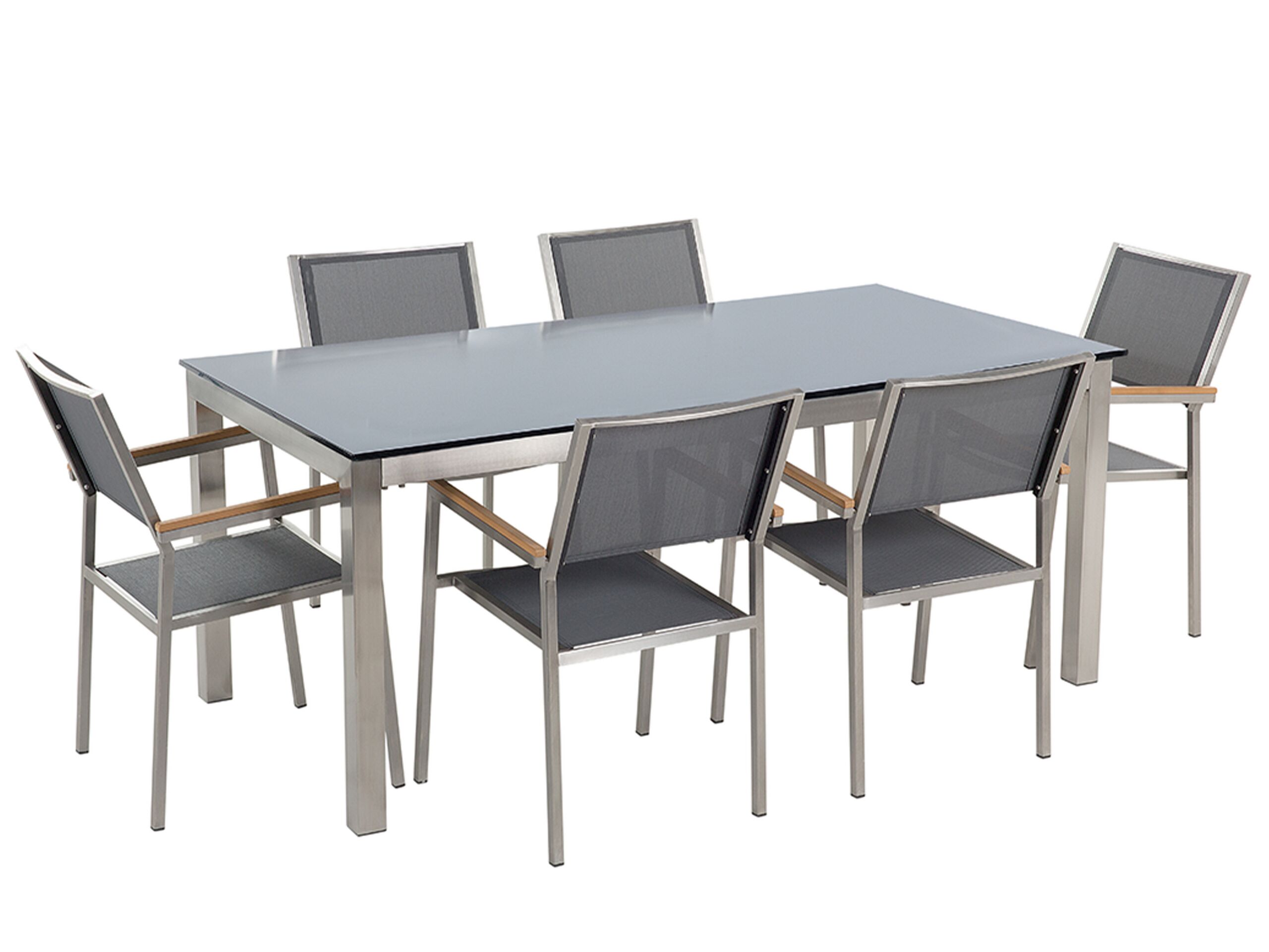 6 Seater Garden Dining Set Black Glass Top with Grey Chairs GROSSETO