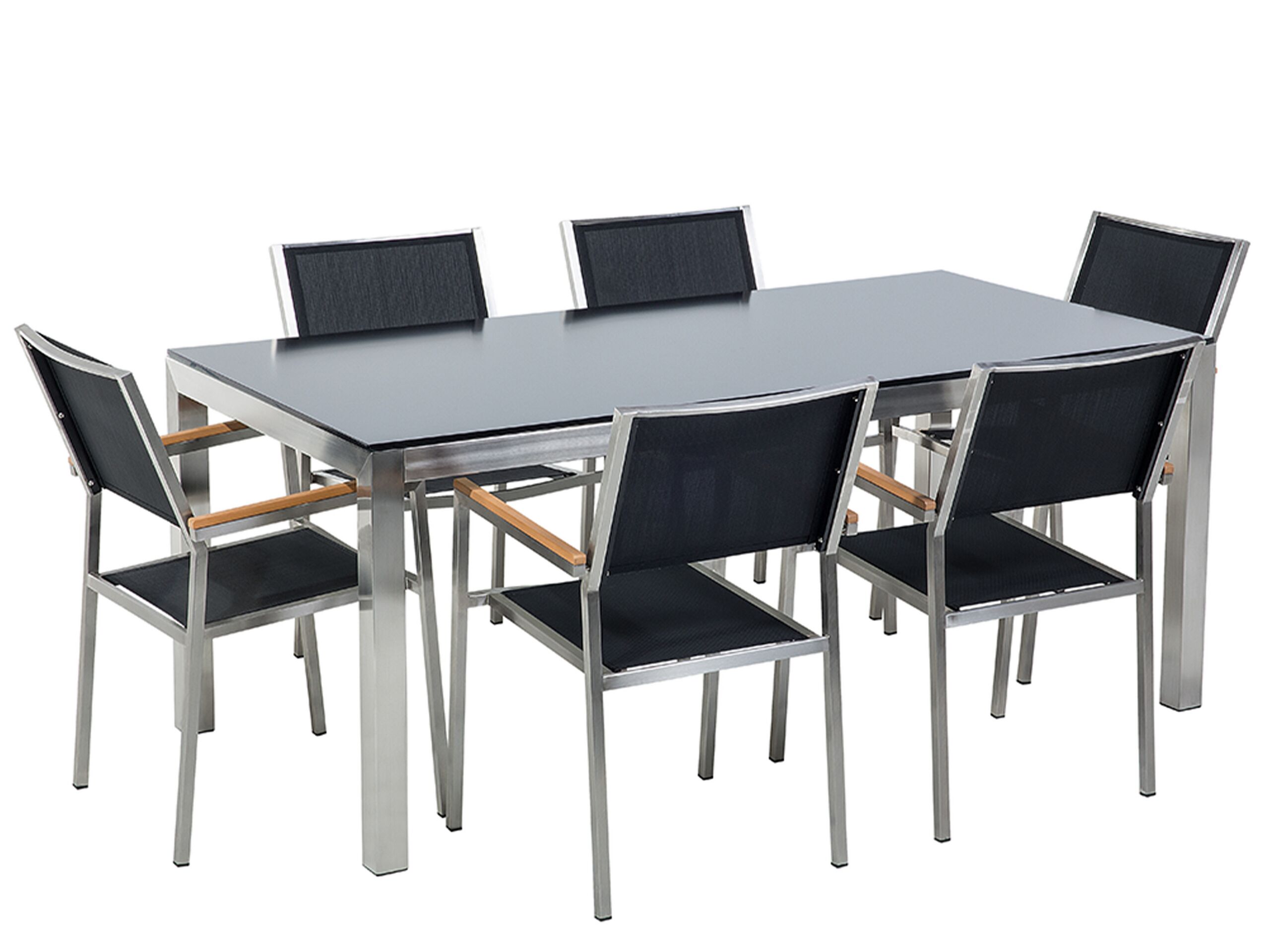 6 Seater Garden Dining Set Black Glass Top with Black Chairs GROSSETO