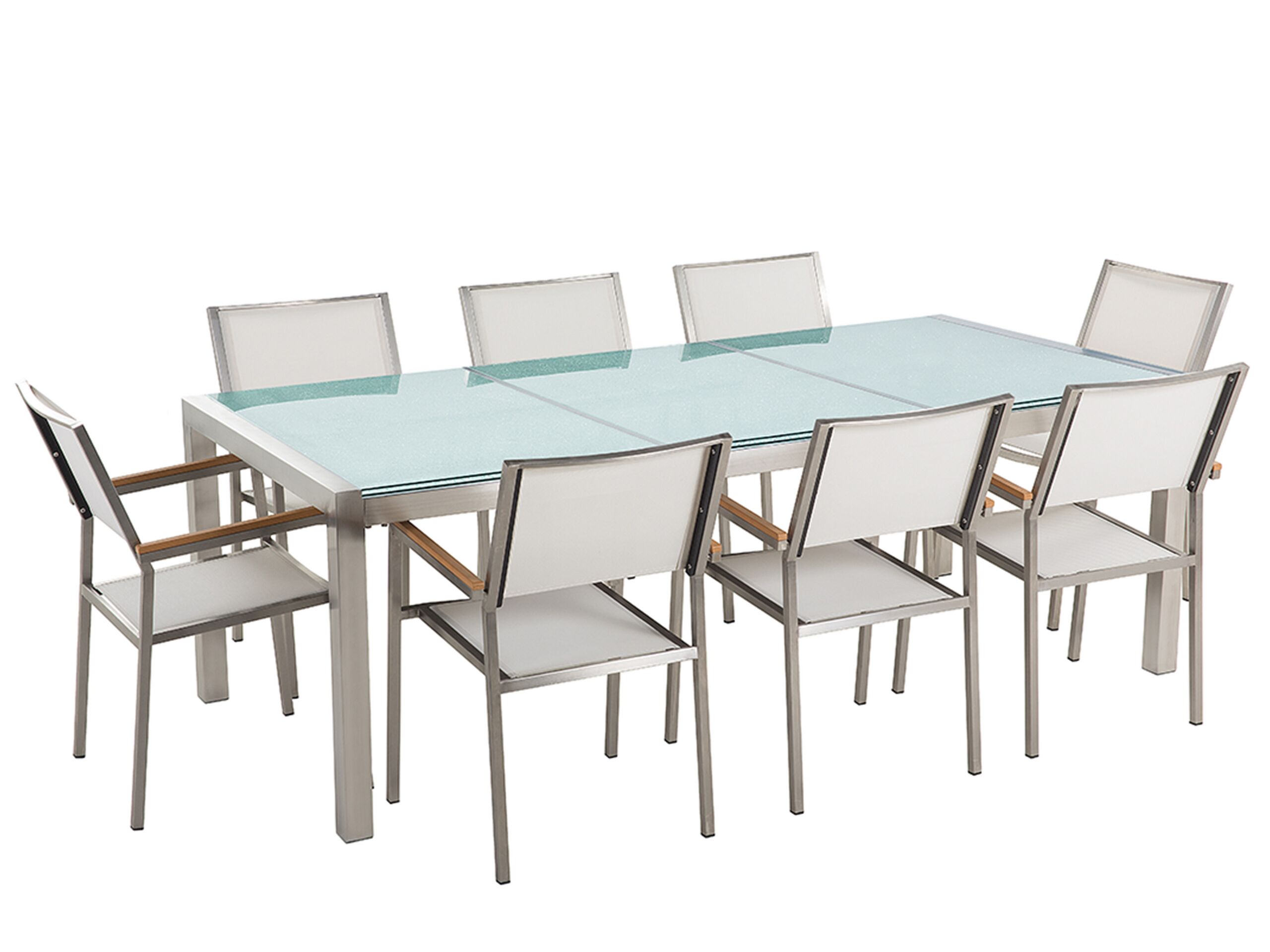 8 Seater Garden Dining Set Cracked Glass Top with White Chairs GROSSETO