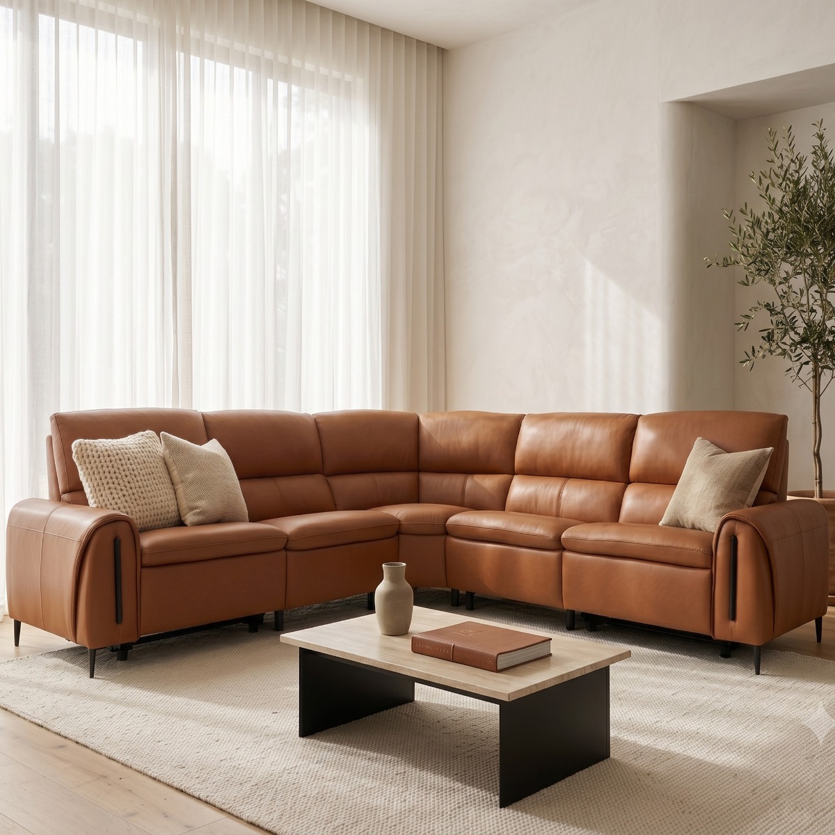 BELLMERE Leather 5 Seater Electric Recliner Corner Sofa - Tan