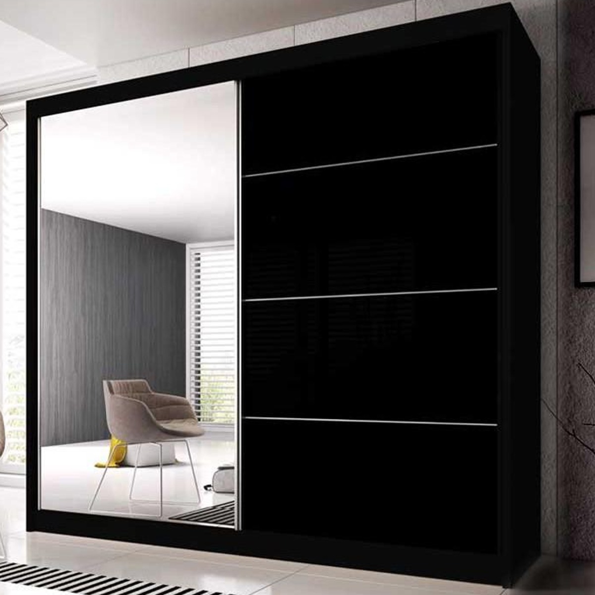 MALTA 2 Door Mirrored Sliding Wardrobe Black Matt - 183cm