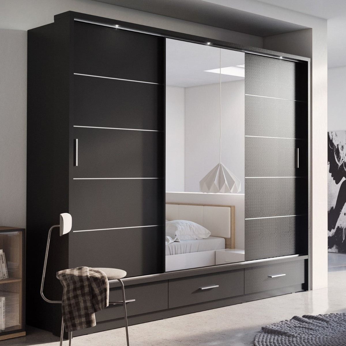IRVINE 3 Door Mirrored Sliding Wardrobe with 3 Drawer Black Matt - 250cm