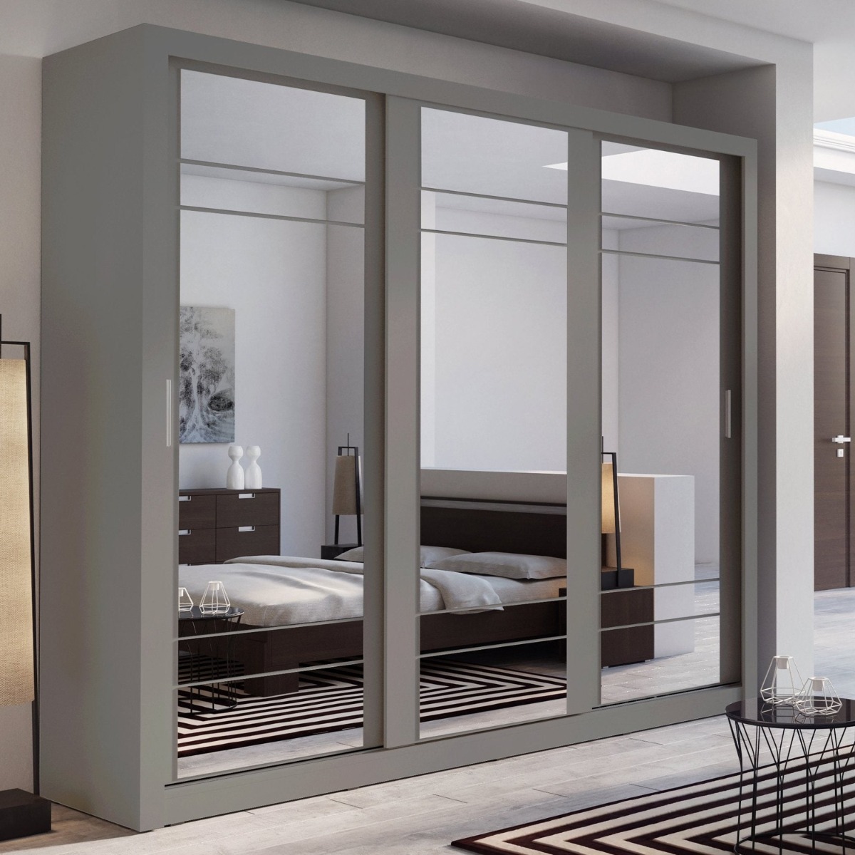 IRVINE 3 Door Mirrored Sliding Wardrobe Grey Matt - 250cm