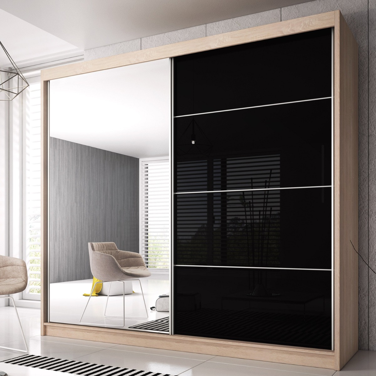 MALTA 2 Door Mirrored Sliding Wardrobe Oak Sanoma and Black - 203cm