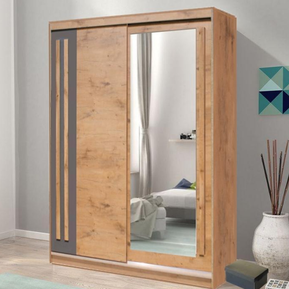 ETHRA 2 Door Mirrored Sliding Wardrobe Oak Lancelot - 150cm
