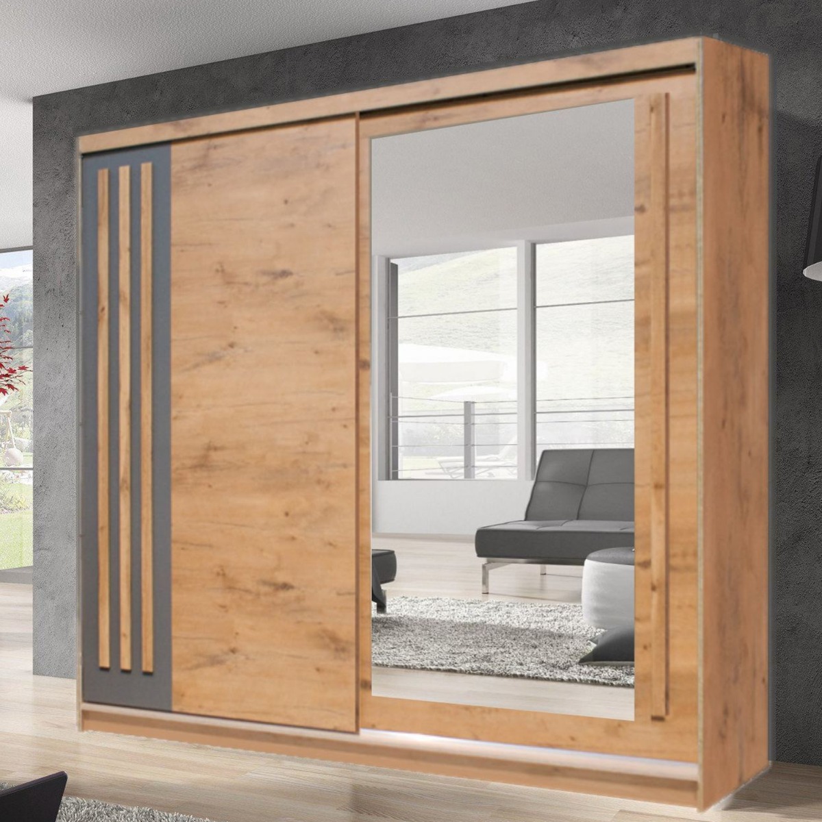 ETHRA 2 Door Mirrored Sliding Wardrobe Oak Lancelot - 200cm