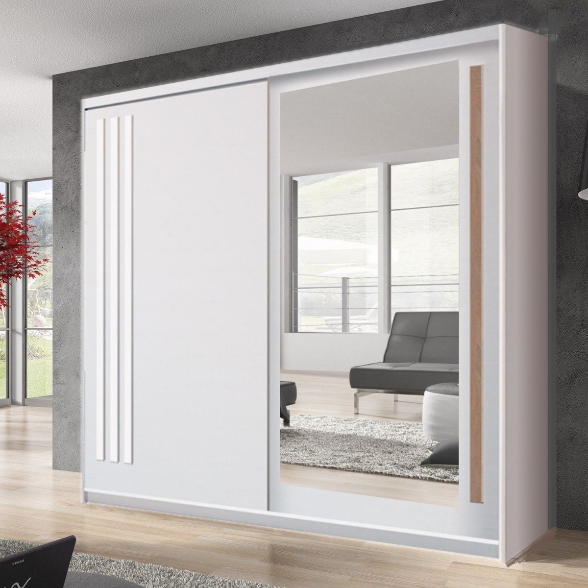 ETHRA 2 Door Mirrored Sliding Wardrobe White - 200cm