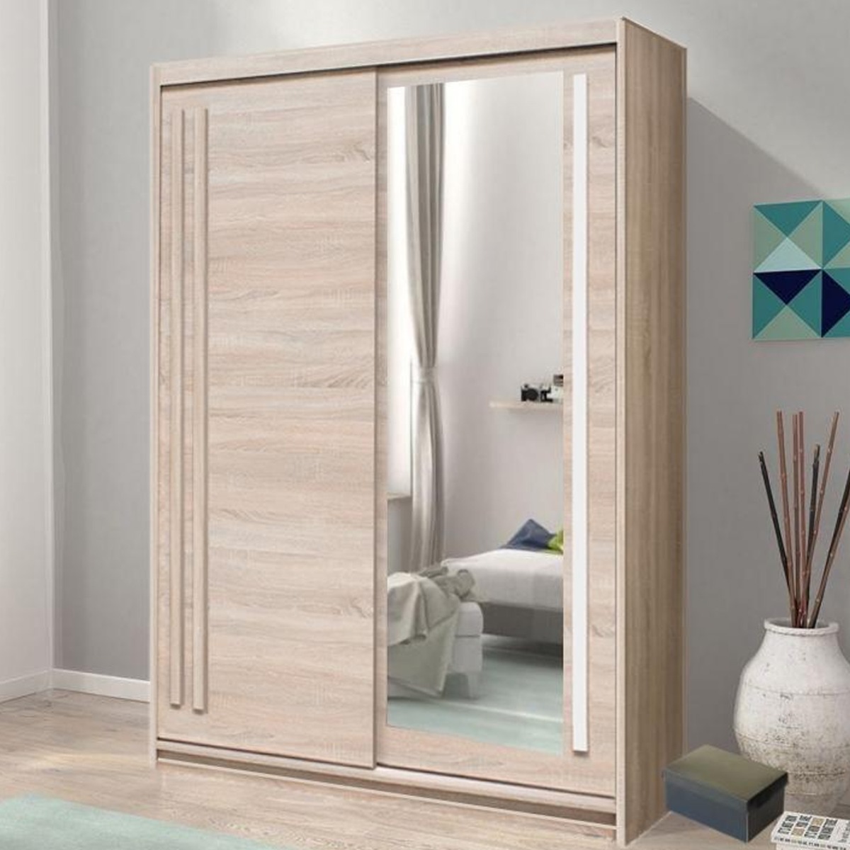 ETHRA 2 Door Mirrored Sliding Wardrobe Light Oak - 150cm