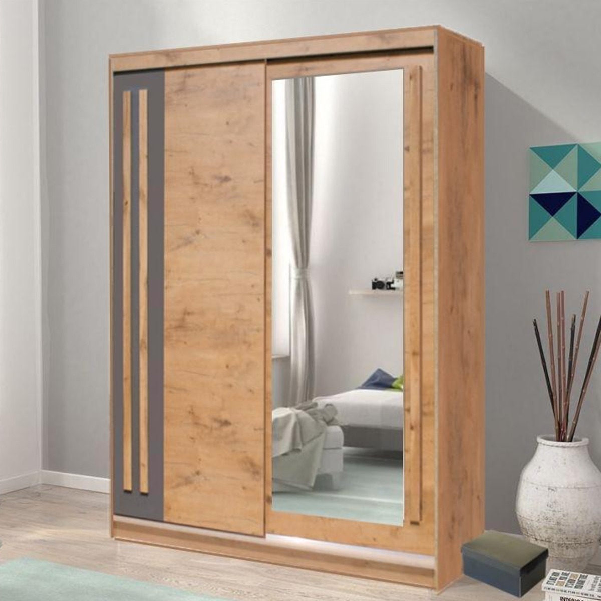 ETHRA 2 Door Mirrored Sliding Wardrobe Oak Lancelot - 175cm