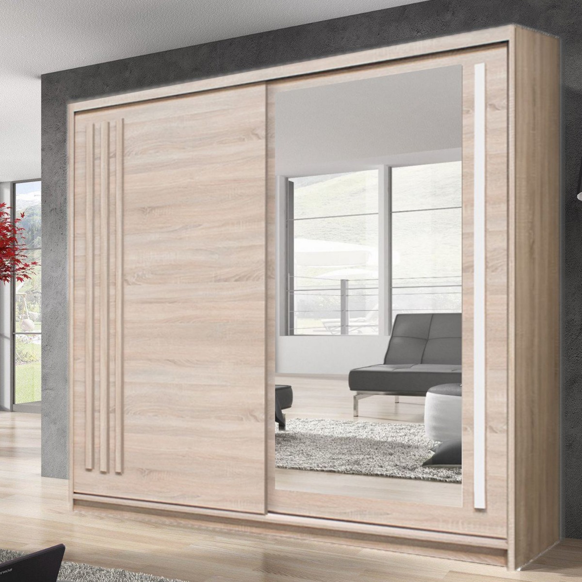 ETHRA 2 Door Mirrored Sliding Wardrobe Light Oak - 200cm