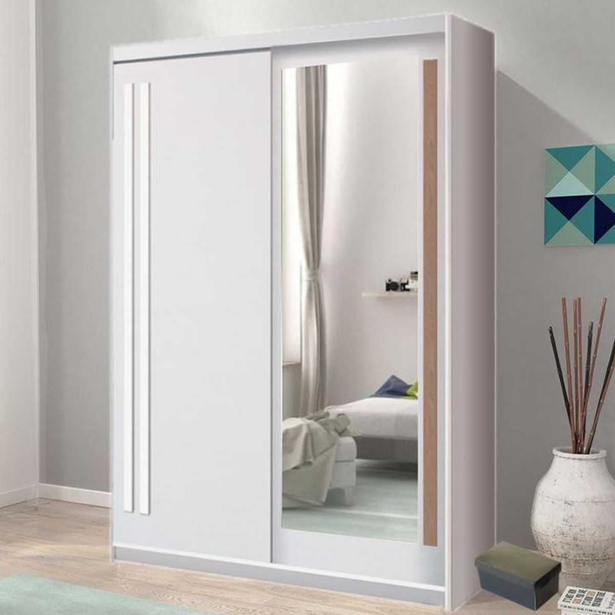 ETHRA 2 Door Mirrored Sliding Wardrobe White - 150cm