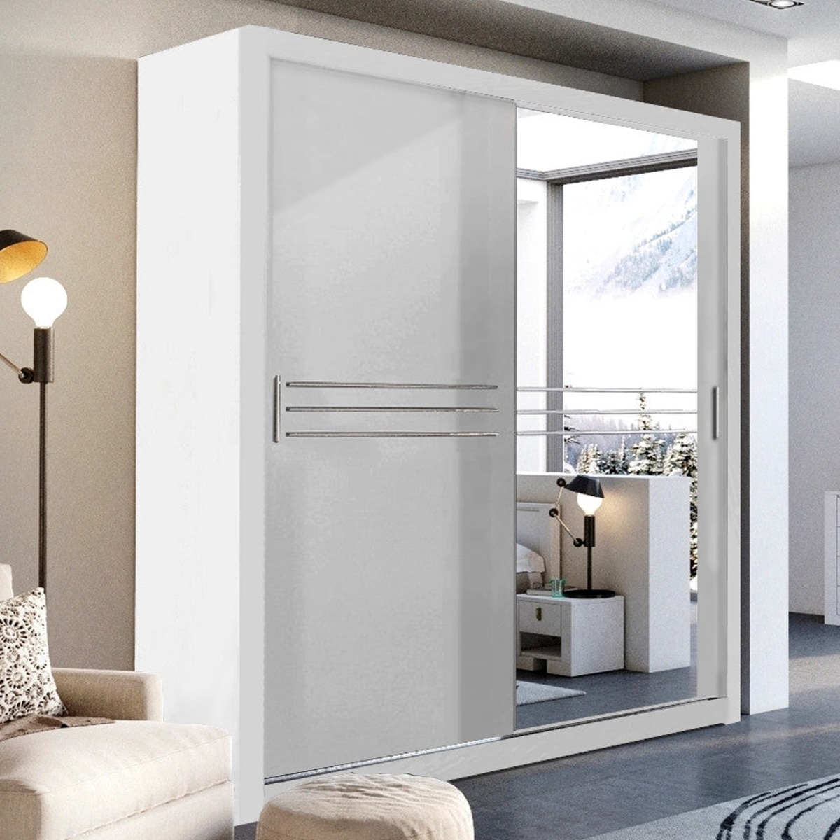 COPENHAGEN 2 Door Mirrored Sliding Wardrobe White Matt - 203cm