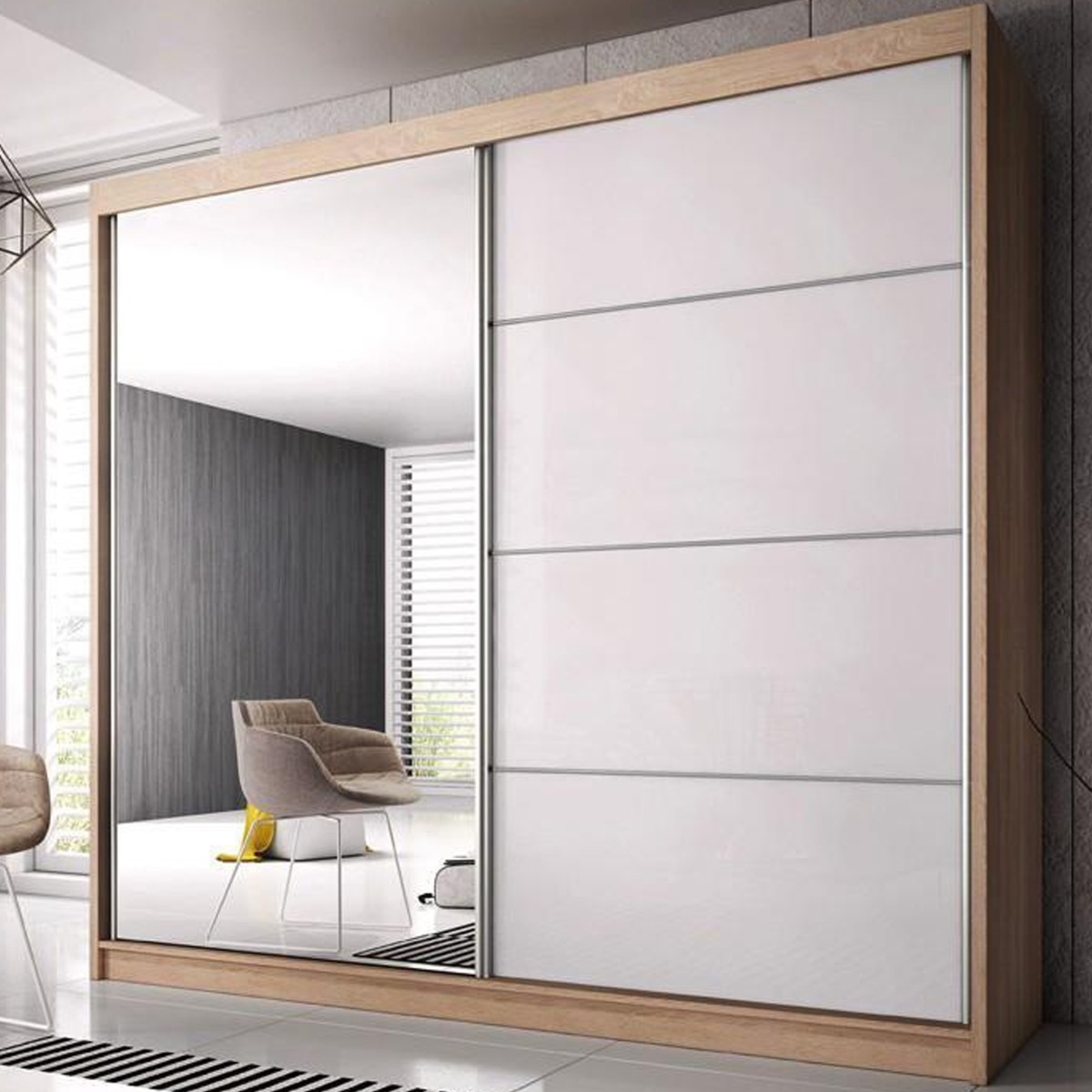 MALTA 2 Door Mirrored Sliding Wardrobe Light Oak - 183cm