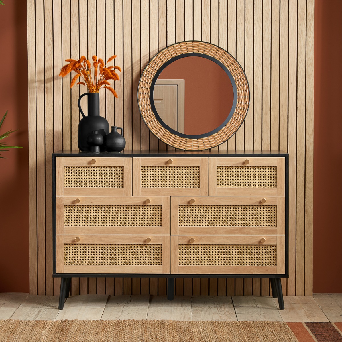 CARDANO Black Rattan Chest of Drawers - Large-sized, 7 Drawers