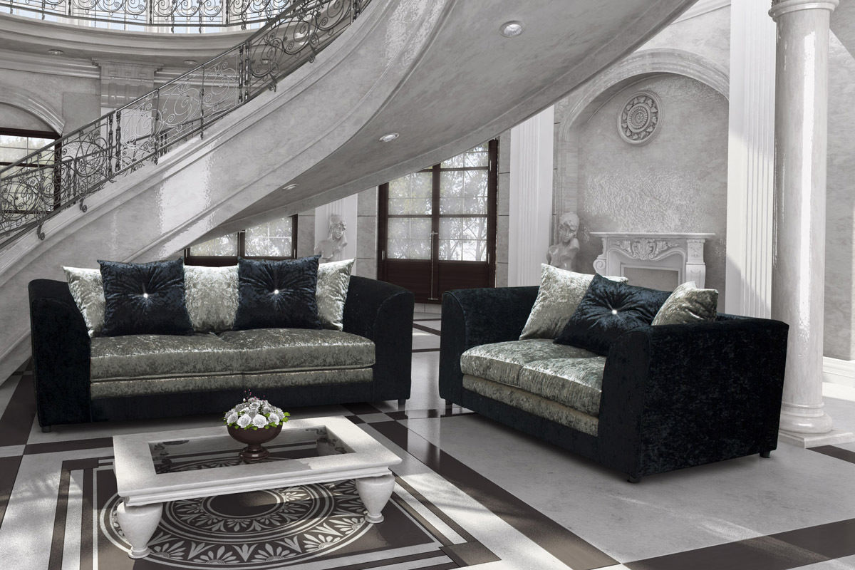 SERENE Crushed Velvet 3 Seater and 2 Seater Scatterback Sofa Set - Black and Silver