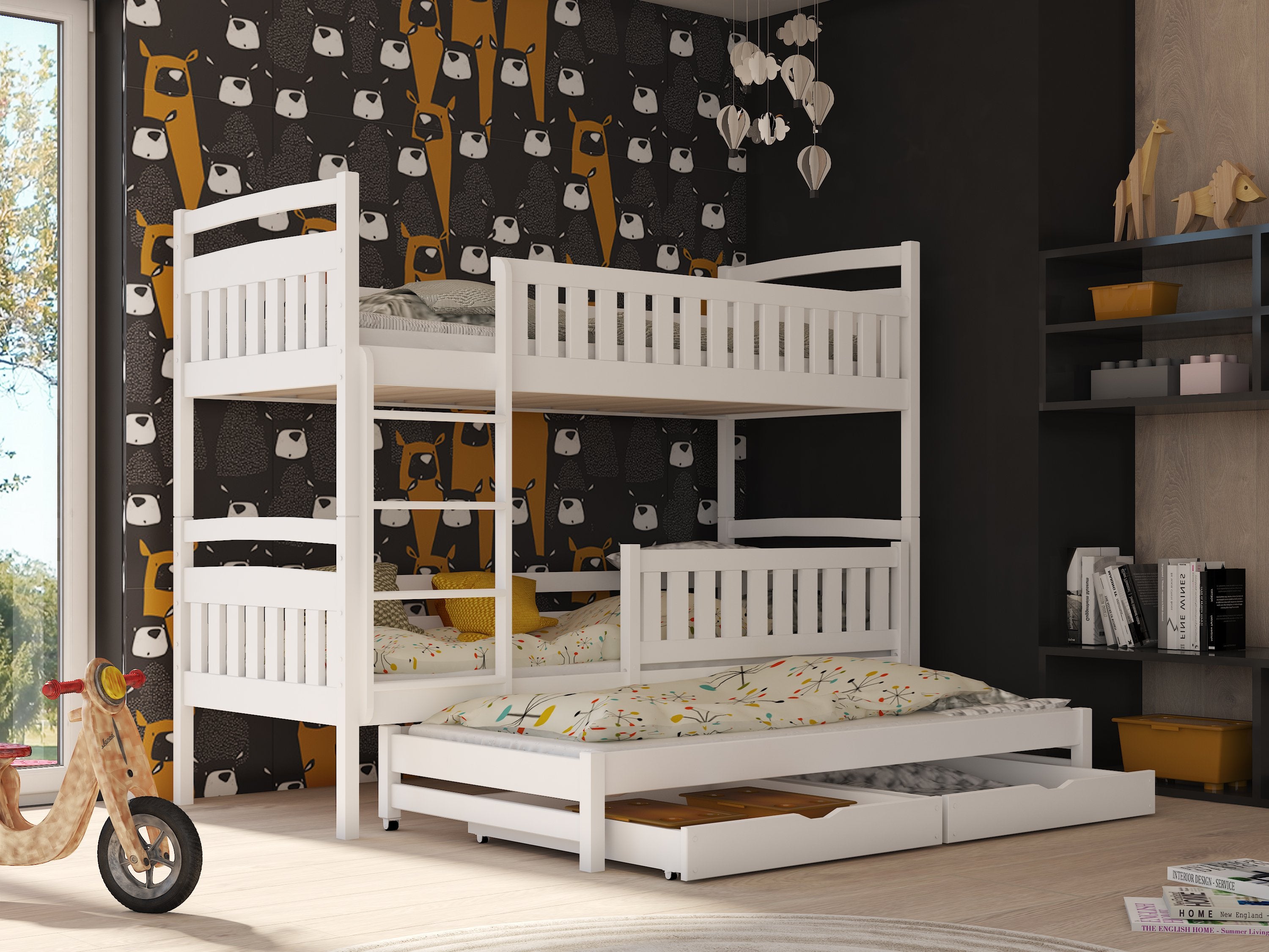 Brenda Wooden 2 Drawers Bunk Bed with Trundle - White