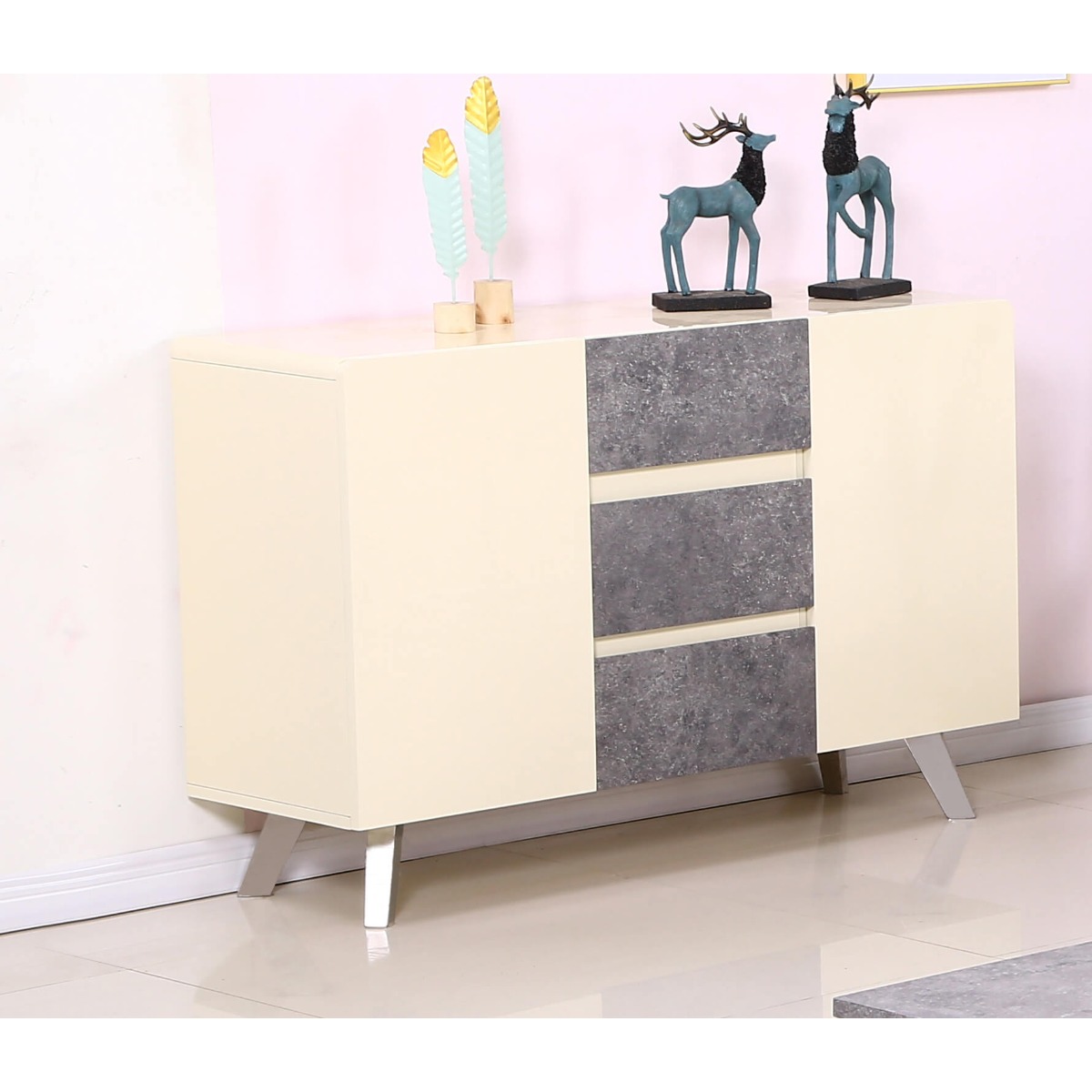 Helston Cream and Concrete Sideboard with Stainless Steel Legs