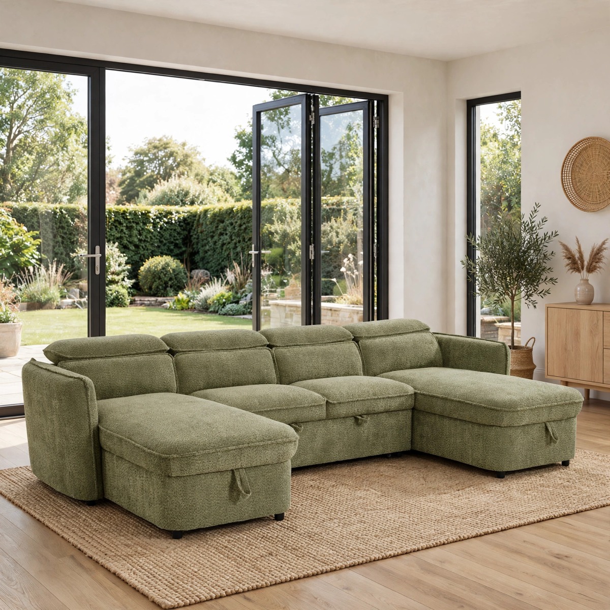 ELVAREN Fabric 4 Seater U Shaped Corner Sofa Bed - Green
